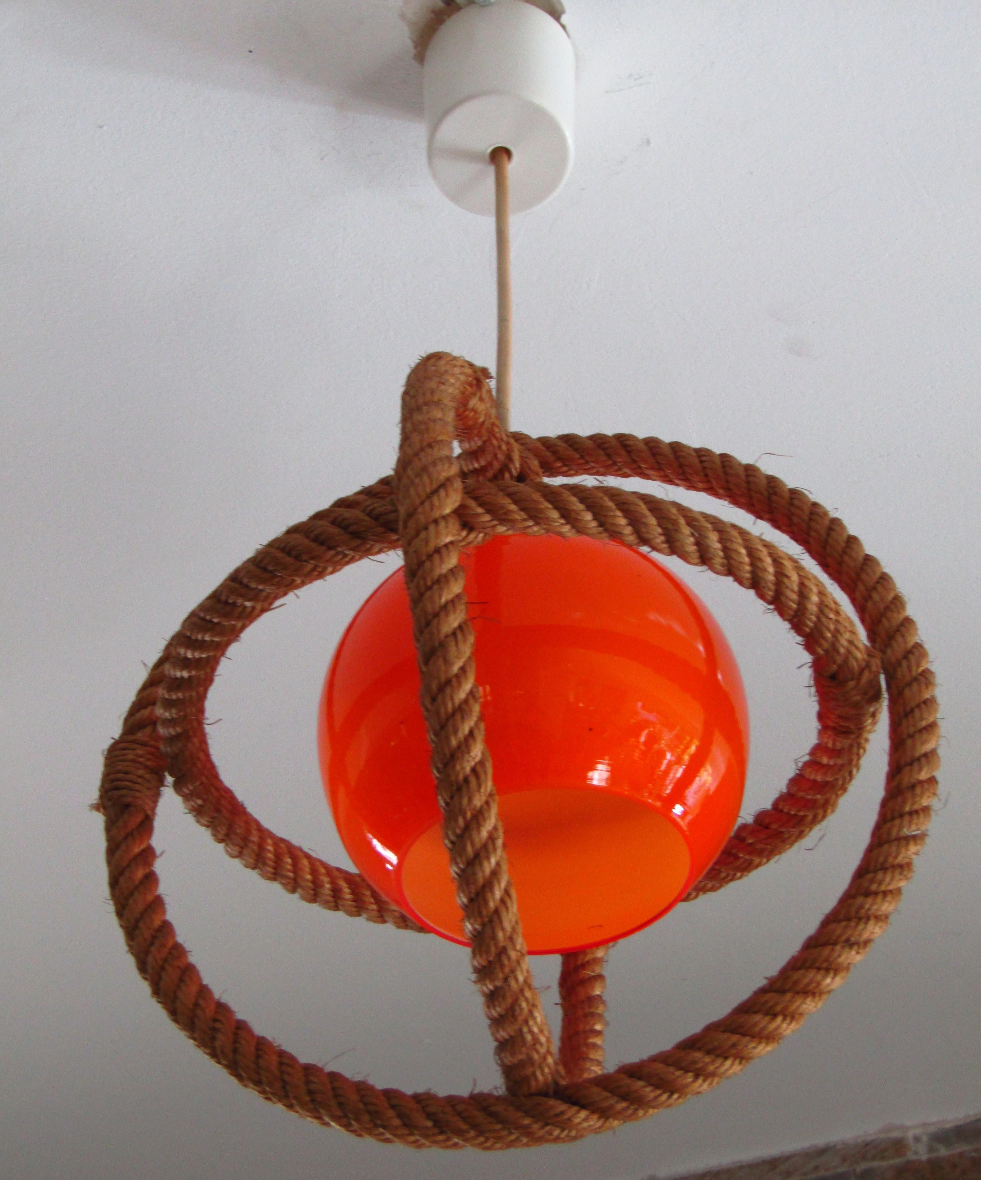 Mid-20th Century Mid-Century Rope Pendant Glass Shade by Audoux Minnet, France, 1960's For Sale