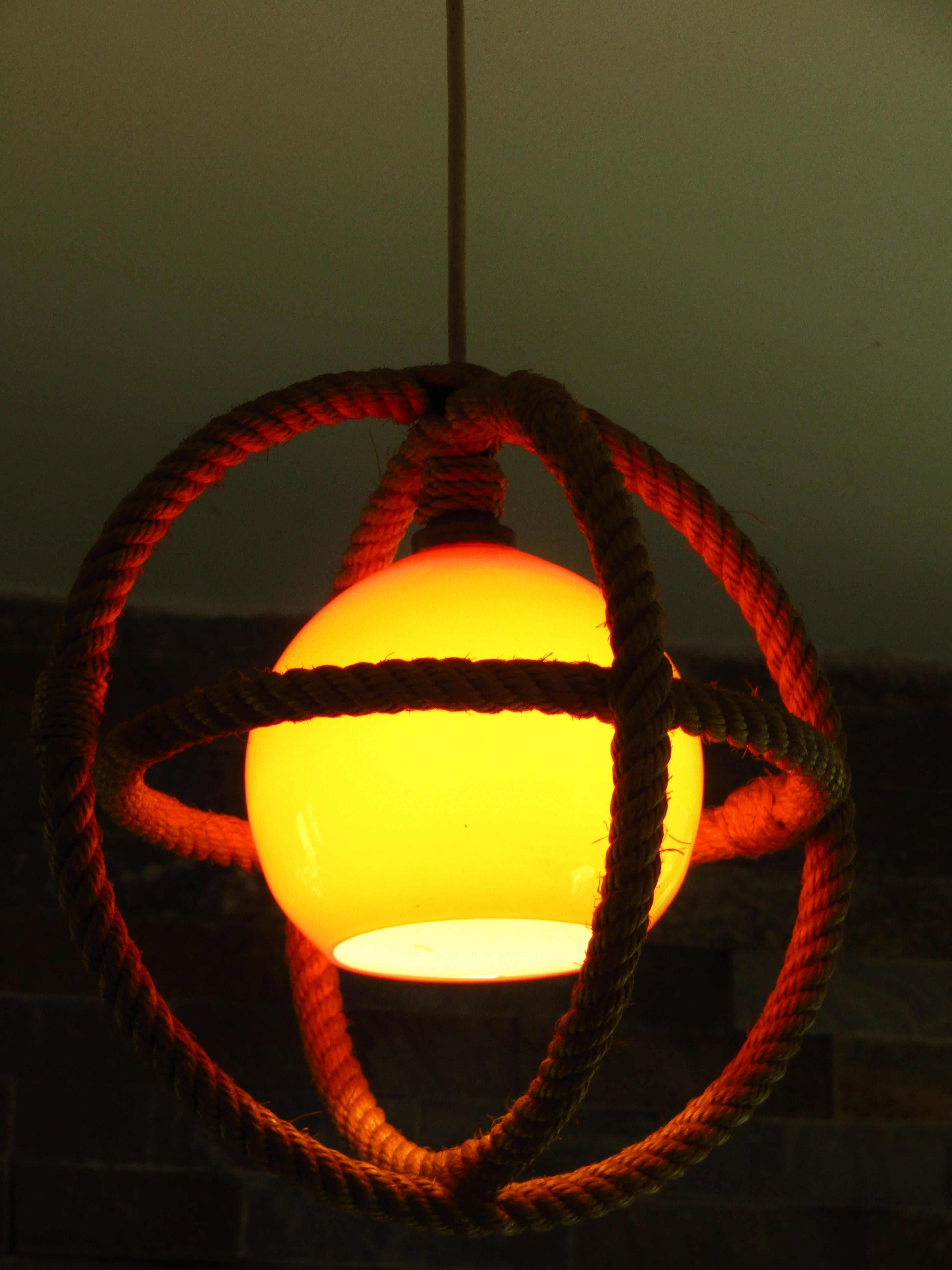 Mid-Century Rope Pendant Glass Shade by Audoux Minnet, France, 1960's For Sale 1