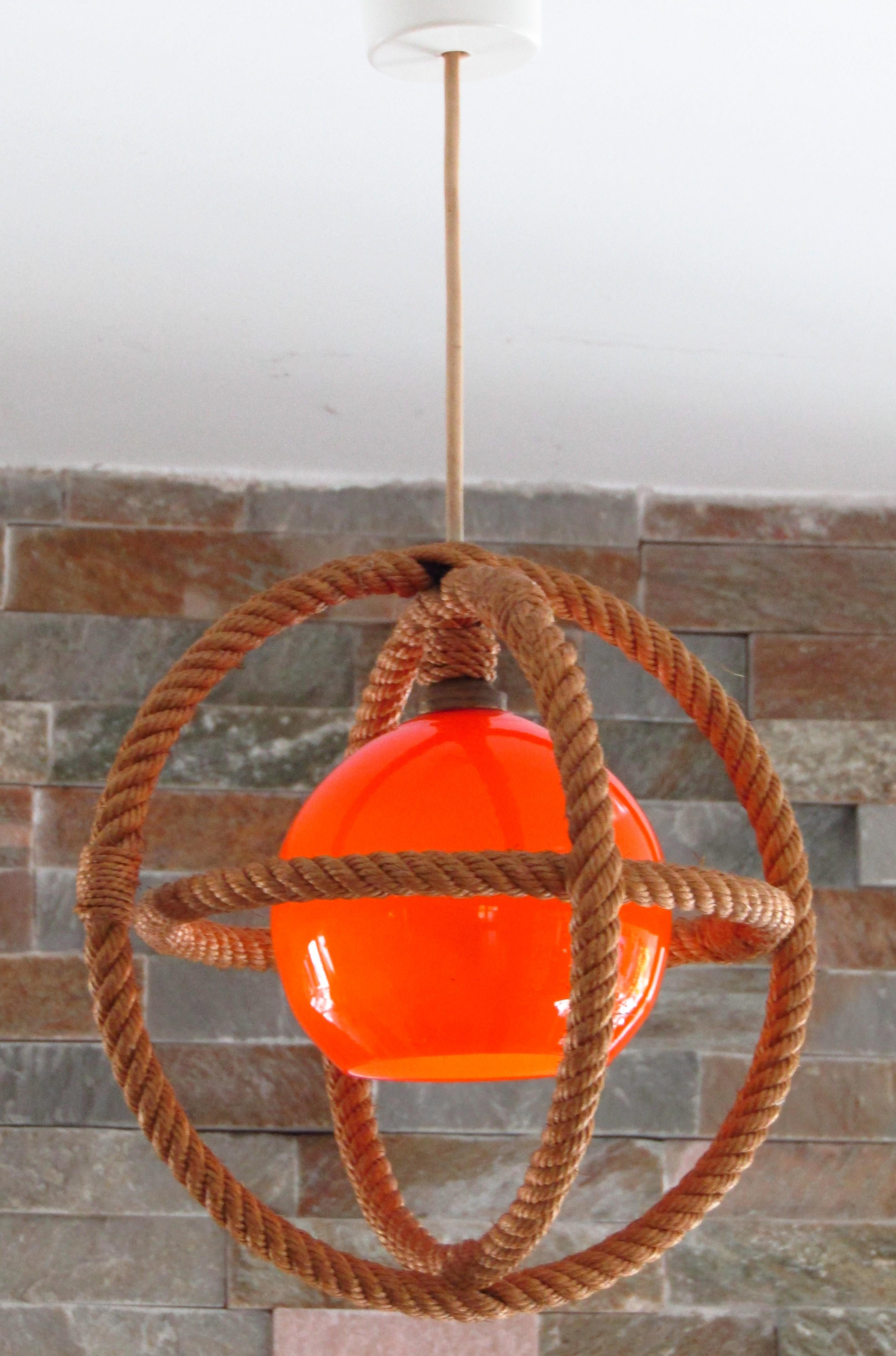 Mid-Century Rope Pendant Glass Shade by Audoux Minnet, France, 1960's For Sale 3