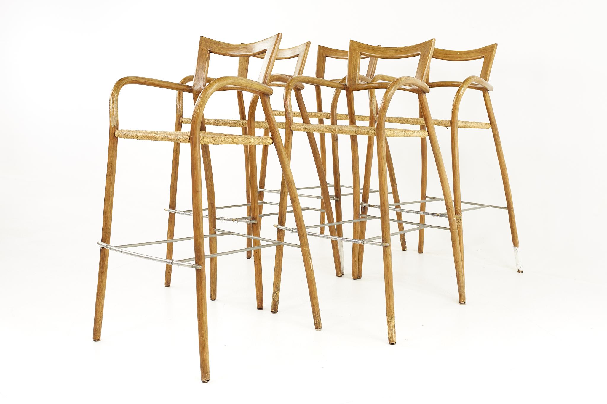 Mid-Century Modern Mid-Century Rope Seat Bar Stools, Set of 5 For Sale
