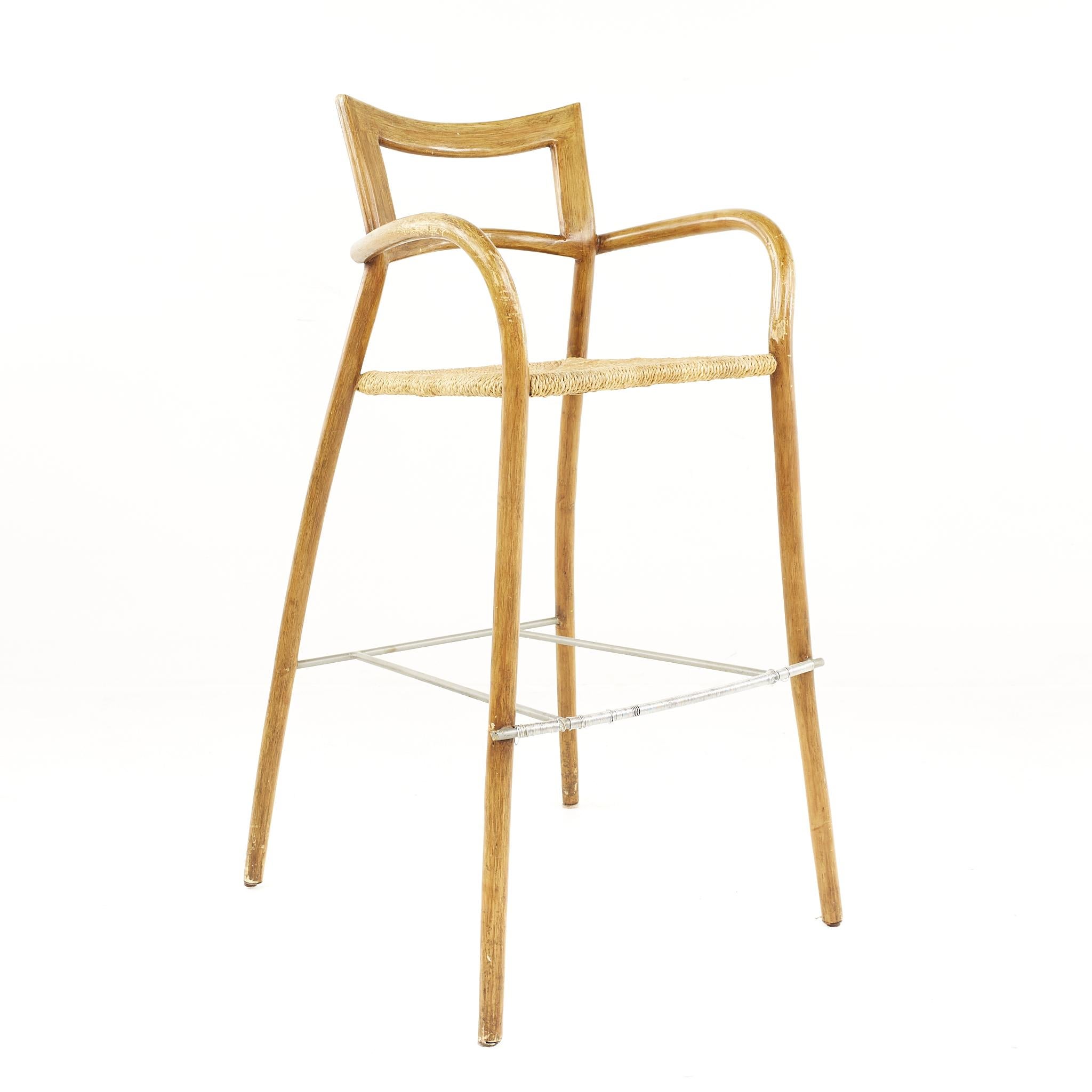 American Mid-Century Rope Seat Bar Stools, Set of 5 For Sale