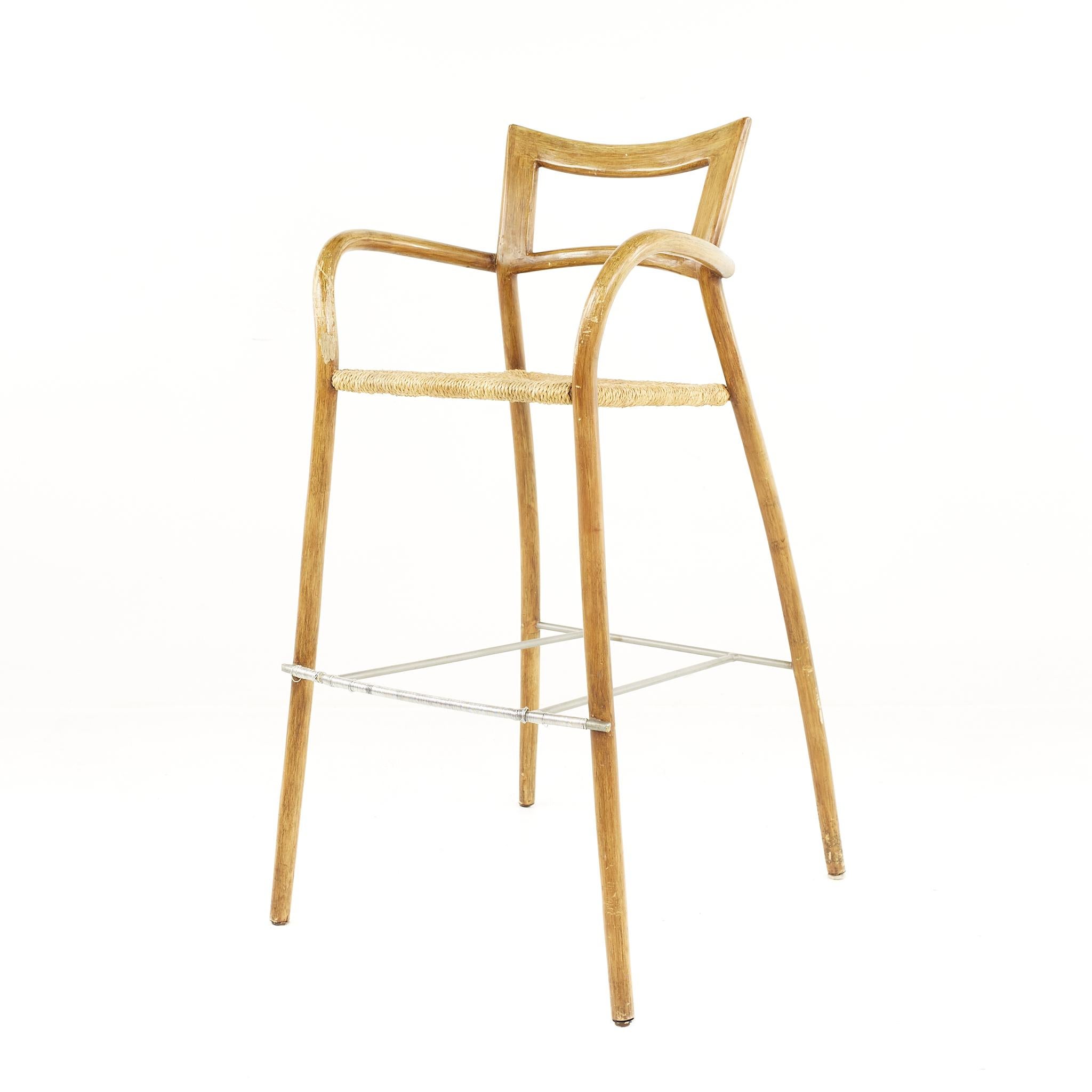 Mid-Century Rope Seat Bar Stools, Set of 5 In Good Condition For Sale In Countryside, IL