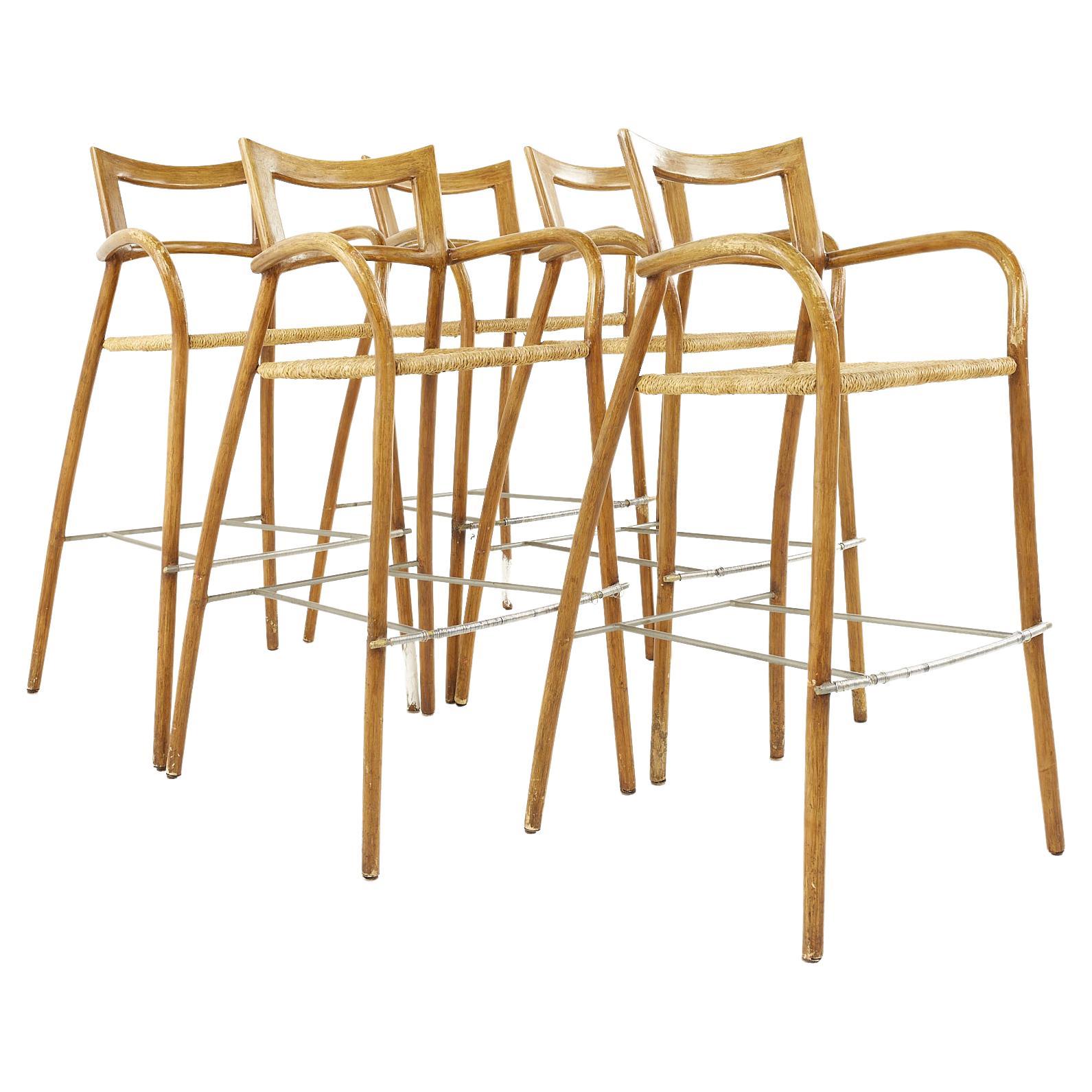 Mid-Century Rope Seat Bar Stools, Set of 5 For Sale