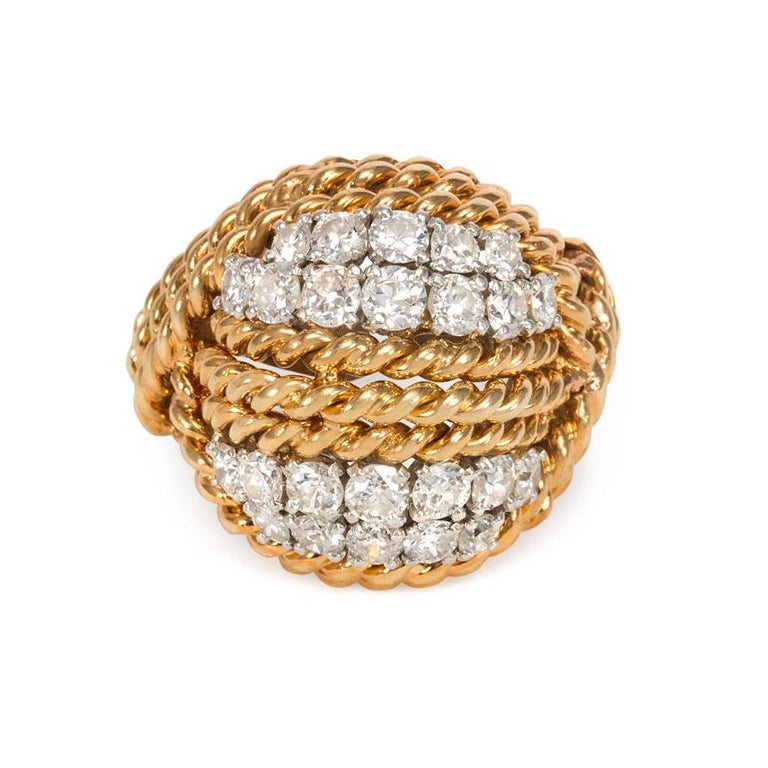 MidCentury Rope Twist Gold and Diamond Bombé Turban Ring For Sale at