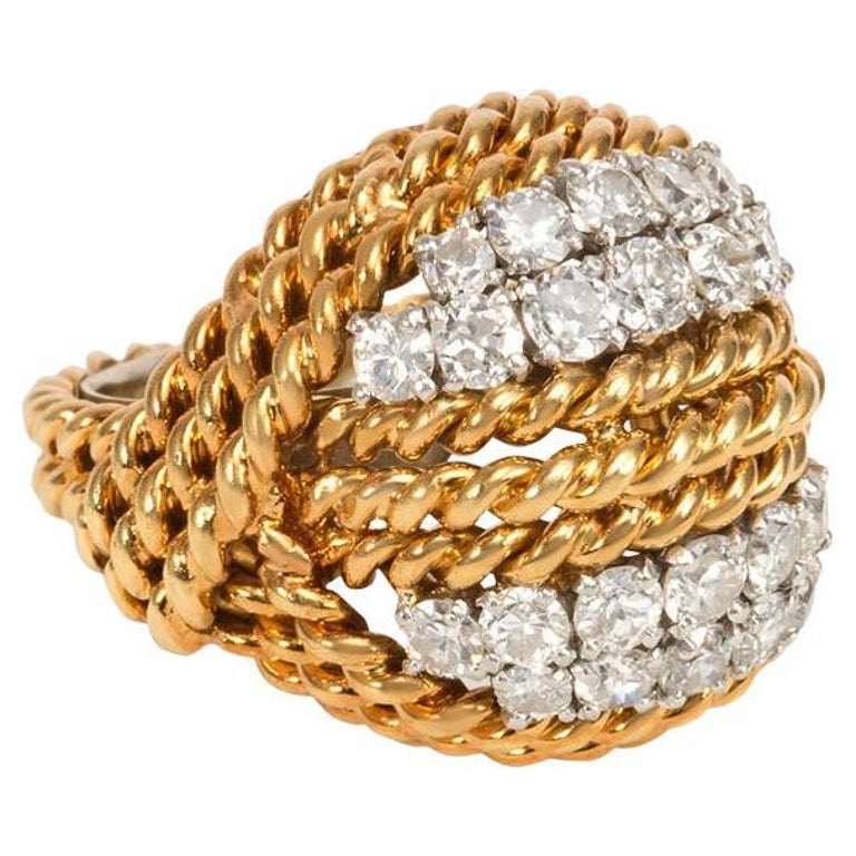 MidCentury Rope Twist Gold and Diamond Bombé Turban Ring For Sale at