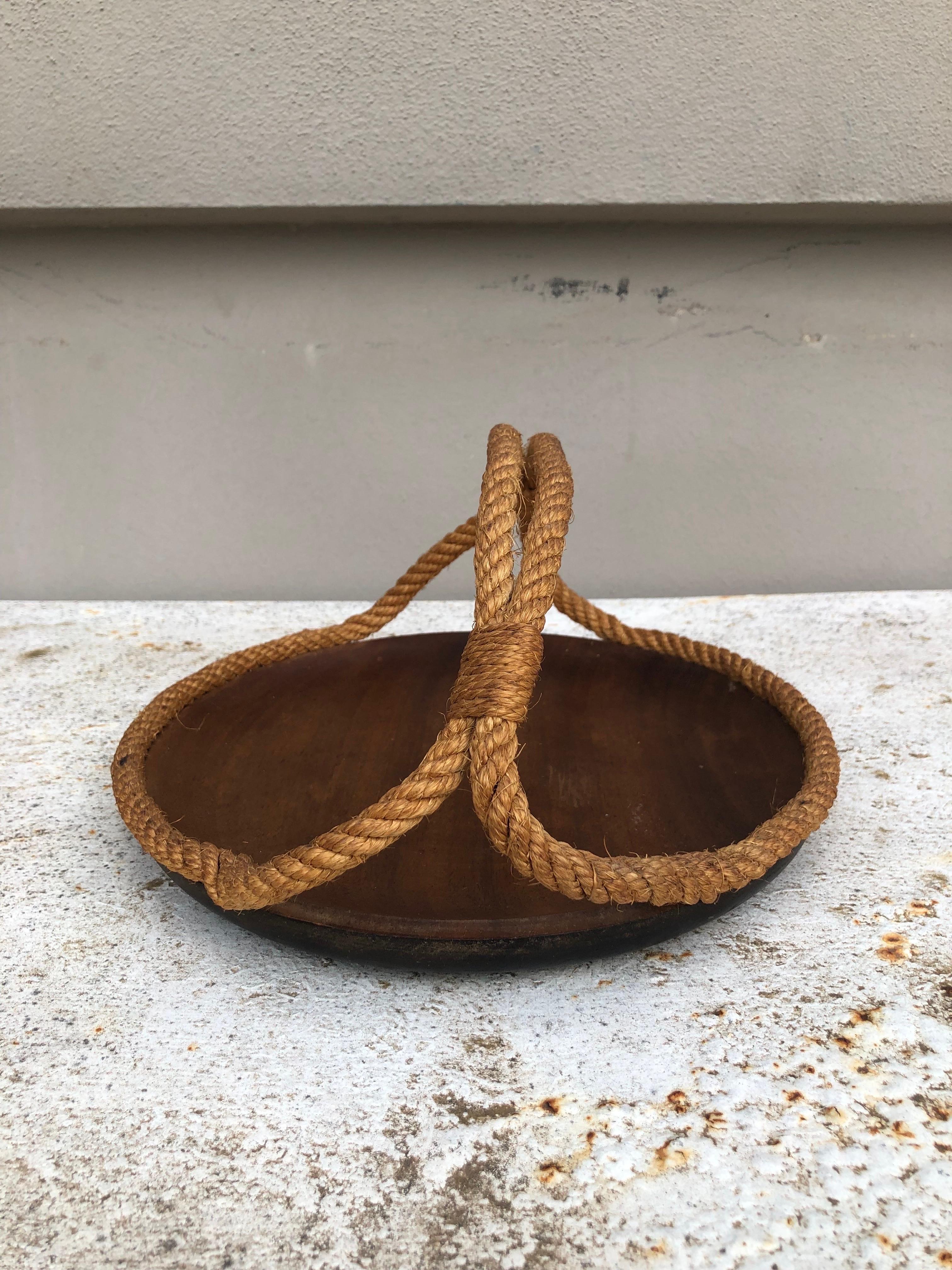 Mid-Century Rope & Wood Basket Adrien Audoux & Frida Minet In Good Condition For Sale In Austin, TX