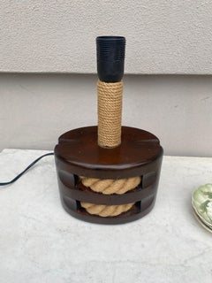 Mid Century Rope & Wood Lampe Adrien Audoux und Frida Minet, um 1960