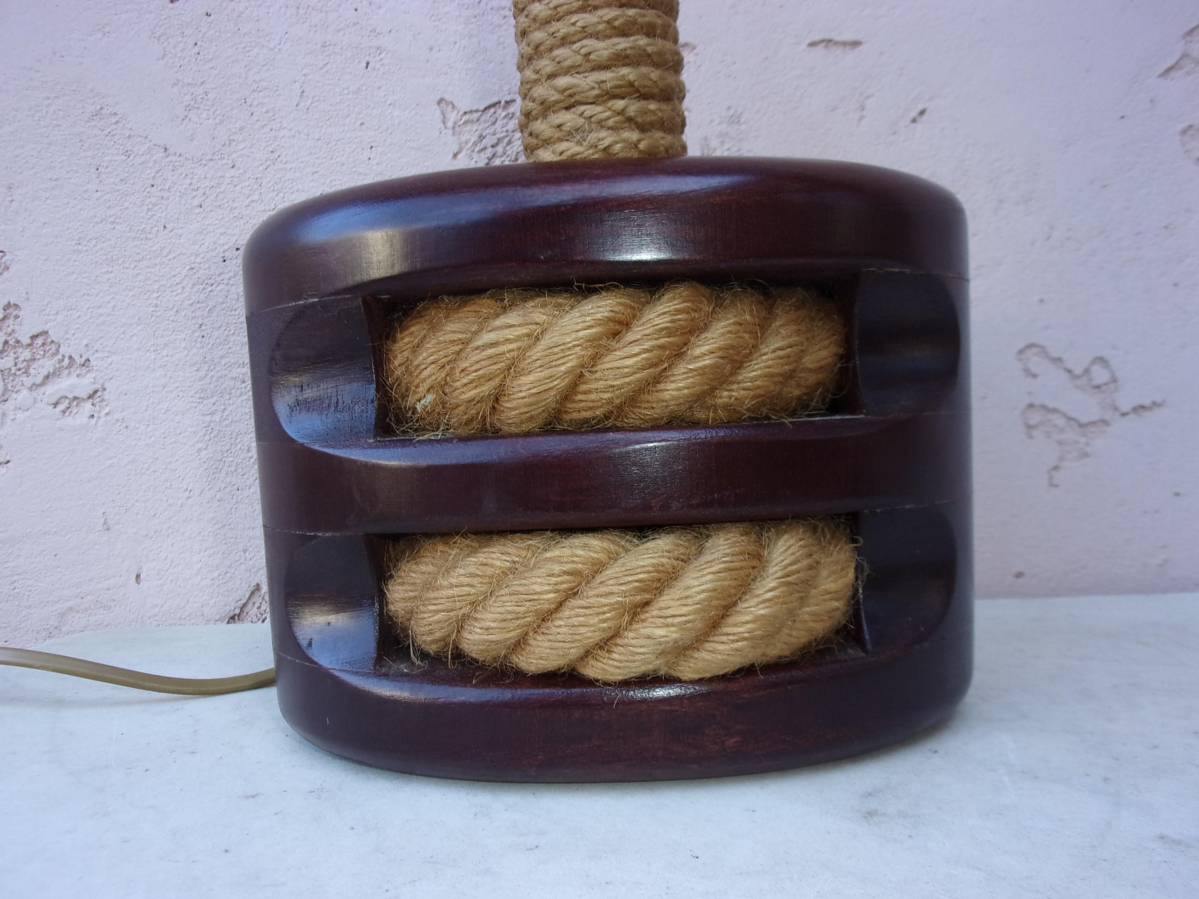 French Mid Century Rope & Wood Lamp Adrien Audoux and Frida Minet, circa 1960