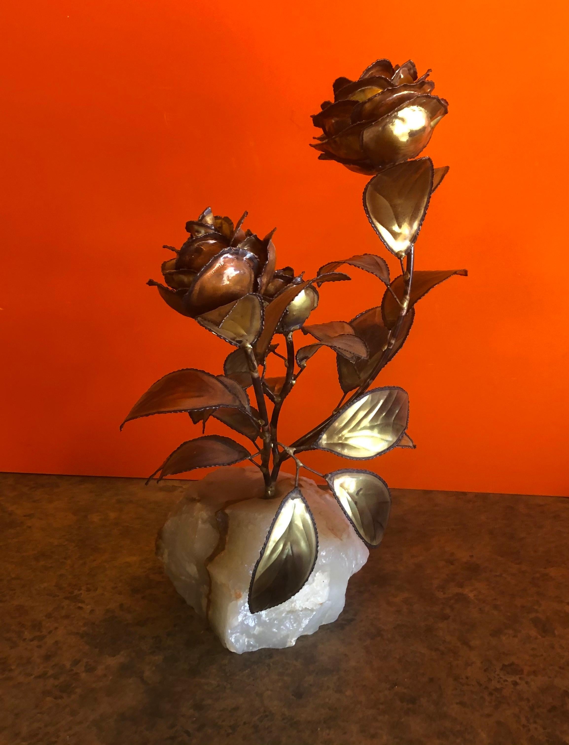 Mid-Century Modern Midcentury Rose Floral Sculpture on Quartz Base in the Style of C. Jere