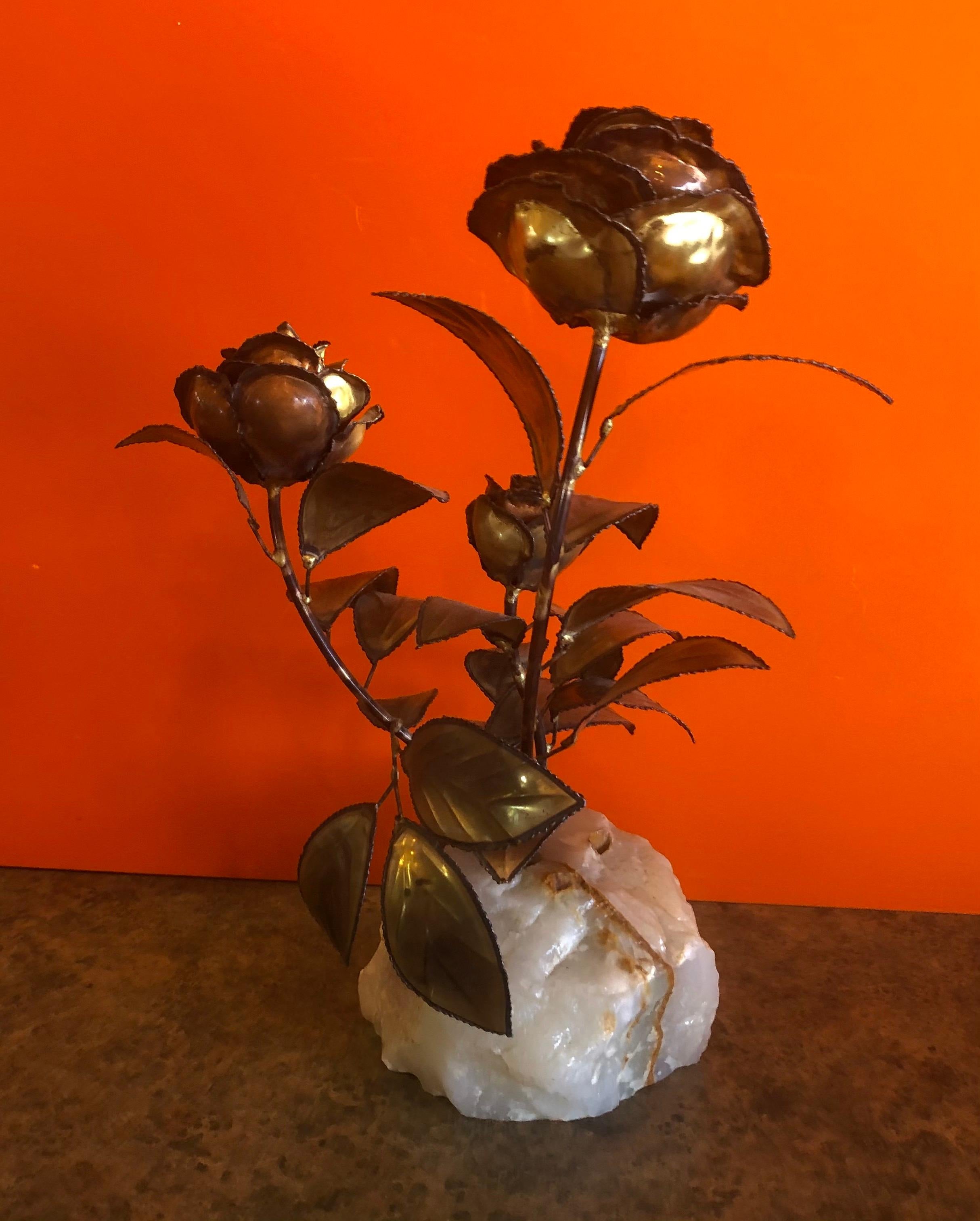 American Midcentury Rose Floral Sculpture on Quartz Base in the Style of C. Jere