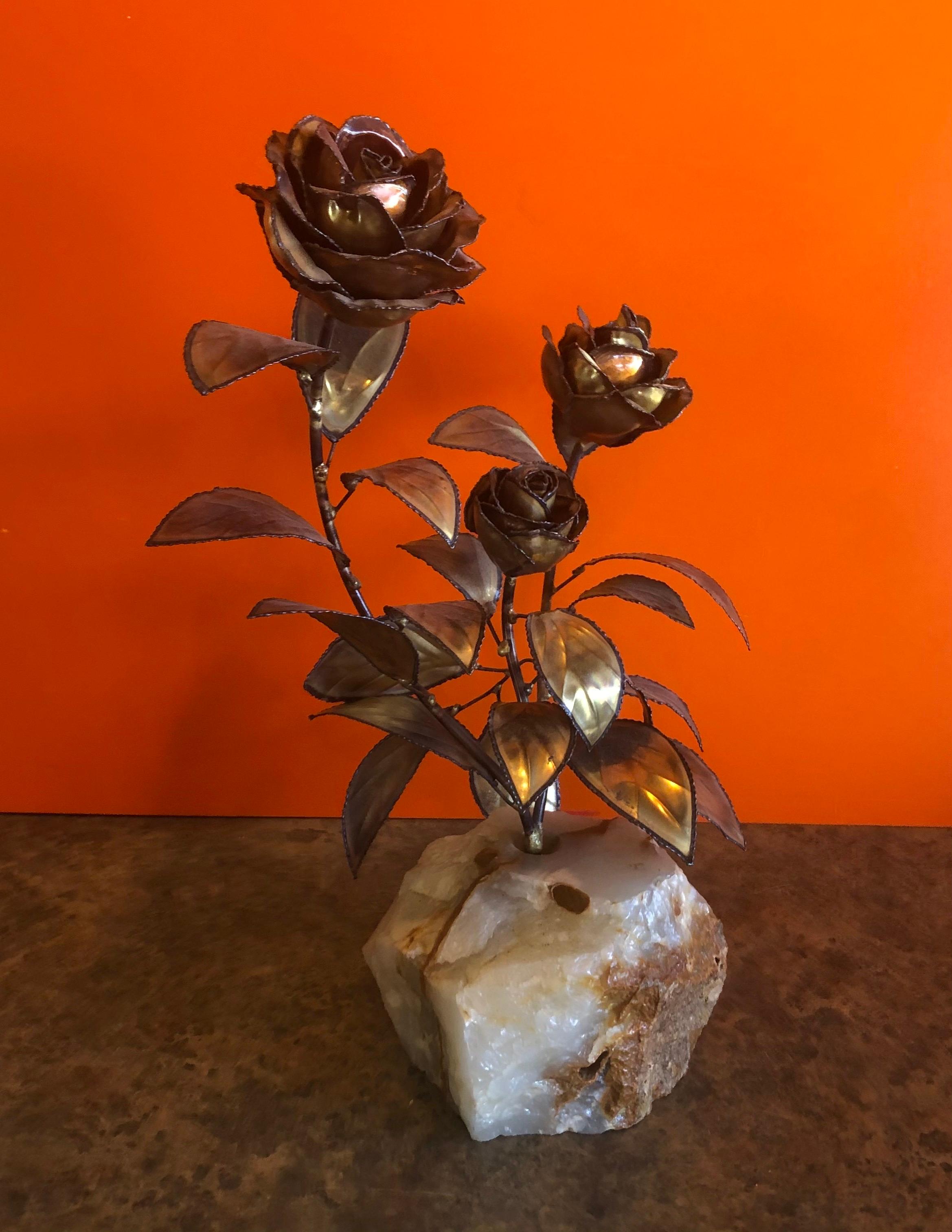 Midcentury Rose Floral Sculpture on Quartz Base in the Style of C. Jere In Good Condition In San Diego, CA