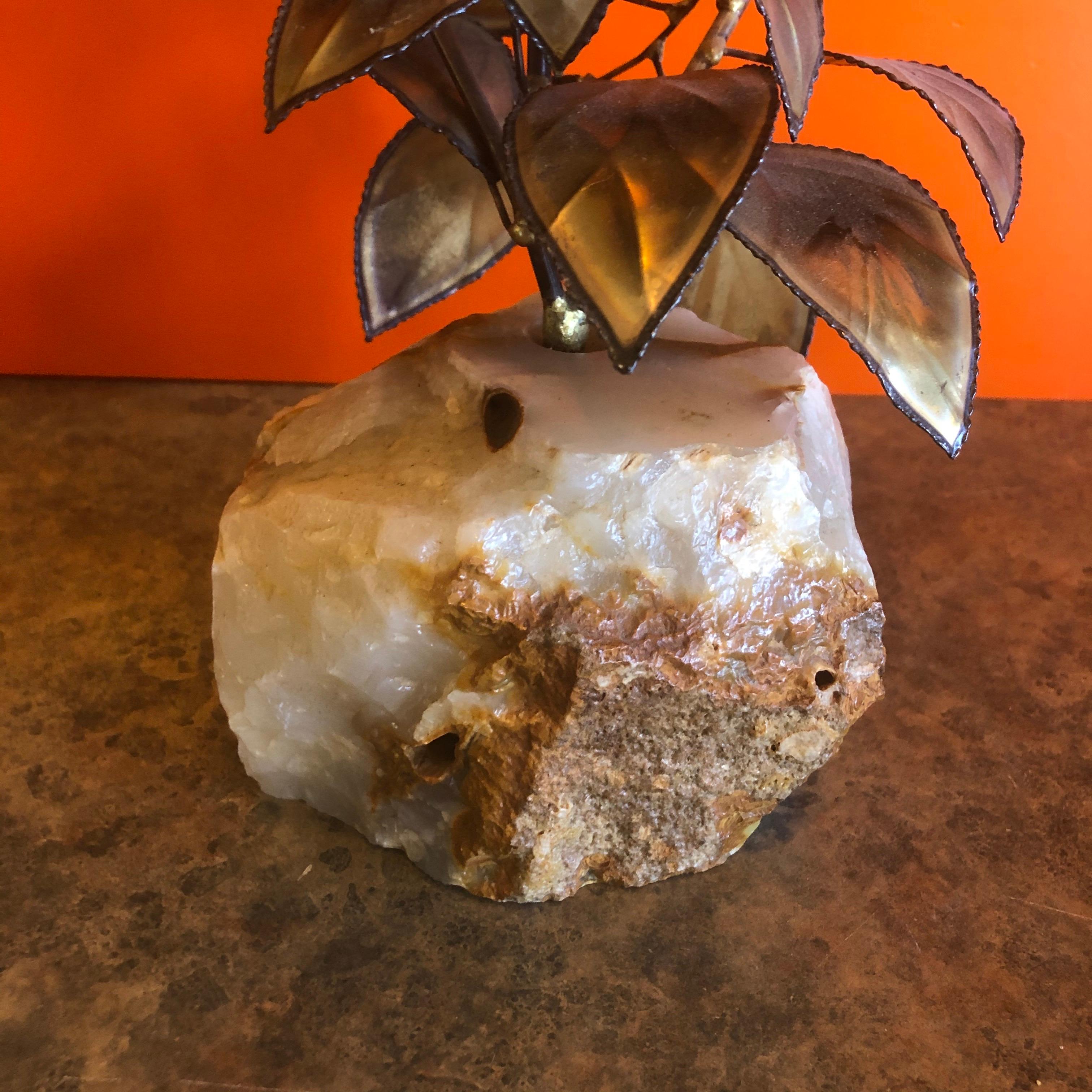 Metal Midcentury Rose Floral Sculpture on Quartz Base in the Style of C. Jere