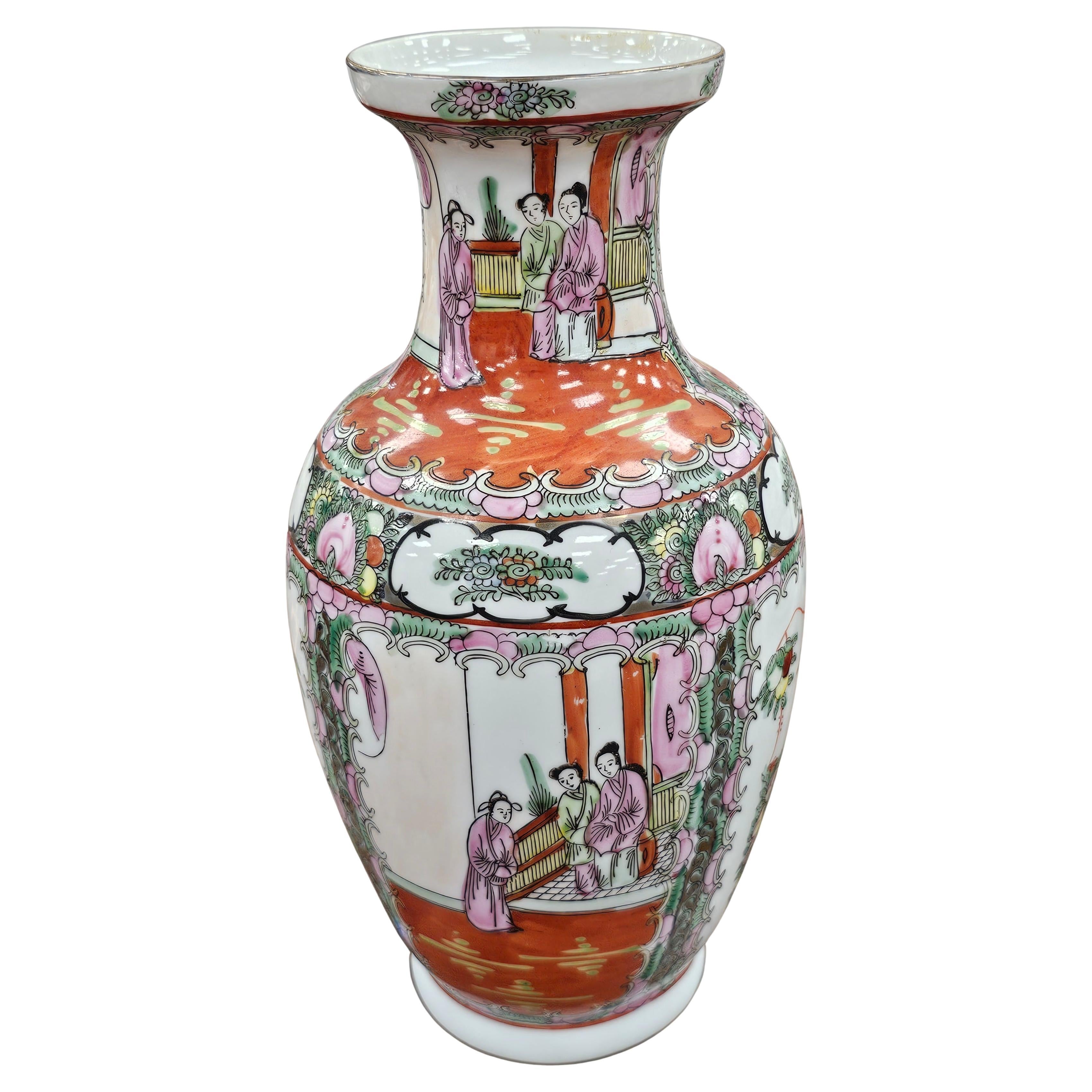 Mid Century  Rose Medallion Porcelain Enamel Vase For Sale