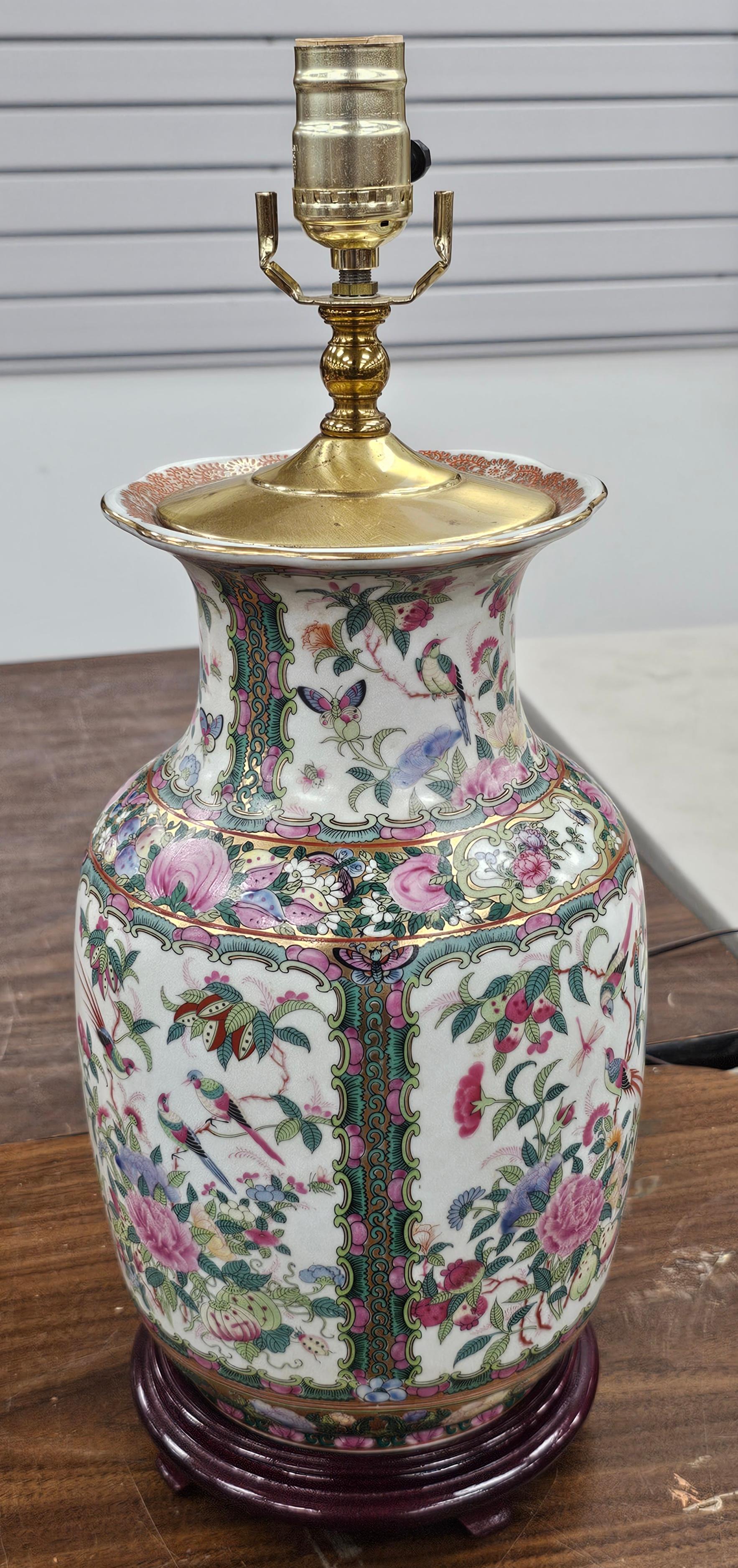 Mid Century  Rose Medallion Vase Mounted as Lamp.
Measures 8 