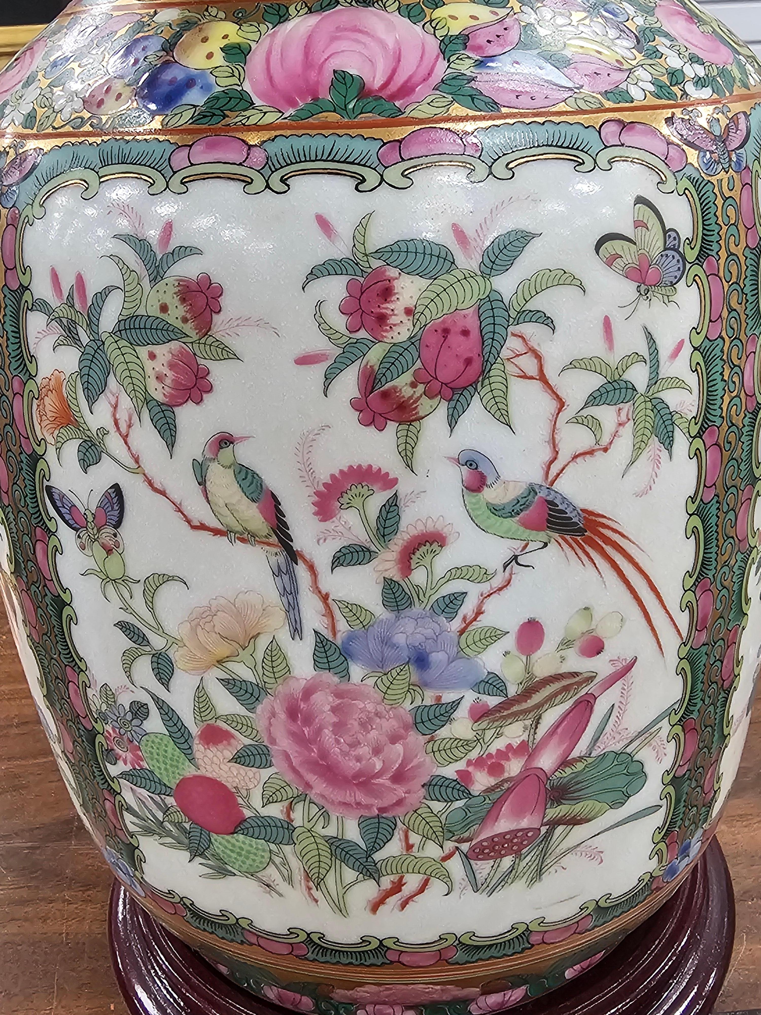 Enameled Mid Century  Rose Medallion Vase Mounted as Lamp For Sale