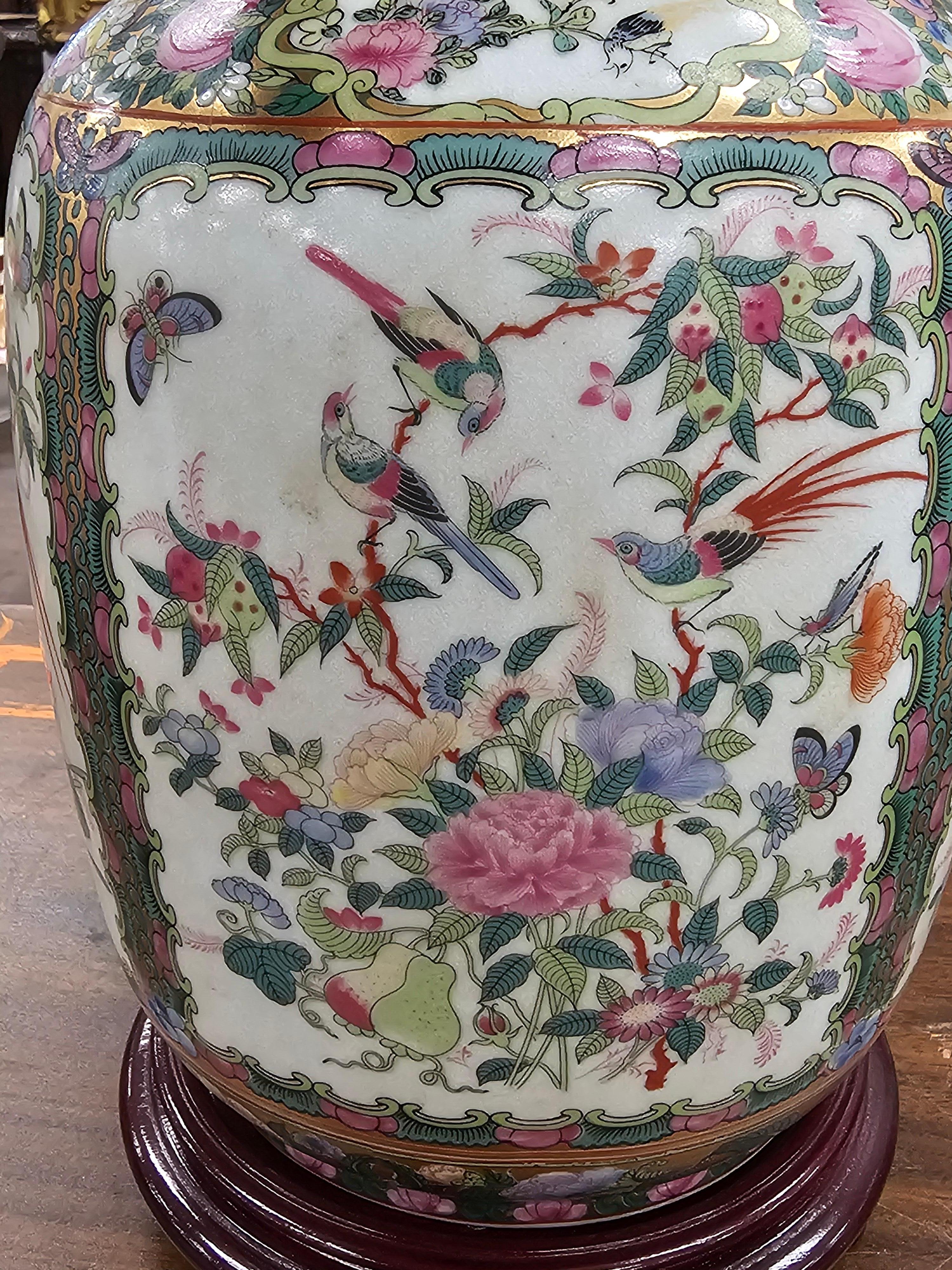 Mid Century  Rose Medallion Vase Mounted as Lamp In Good Condition For Sale In Germantown, MD