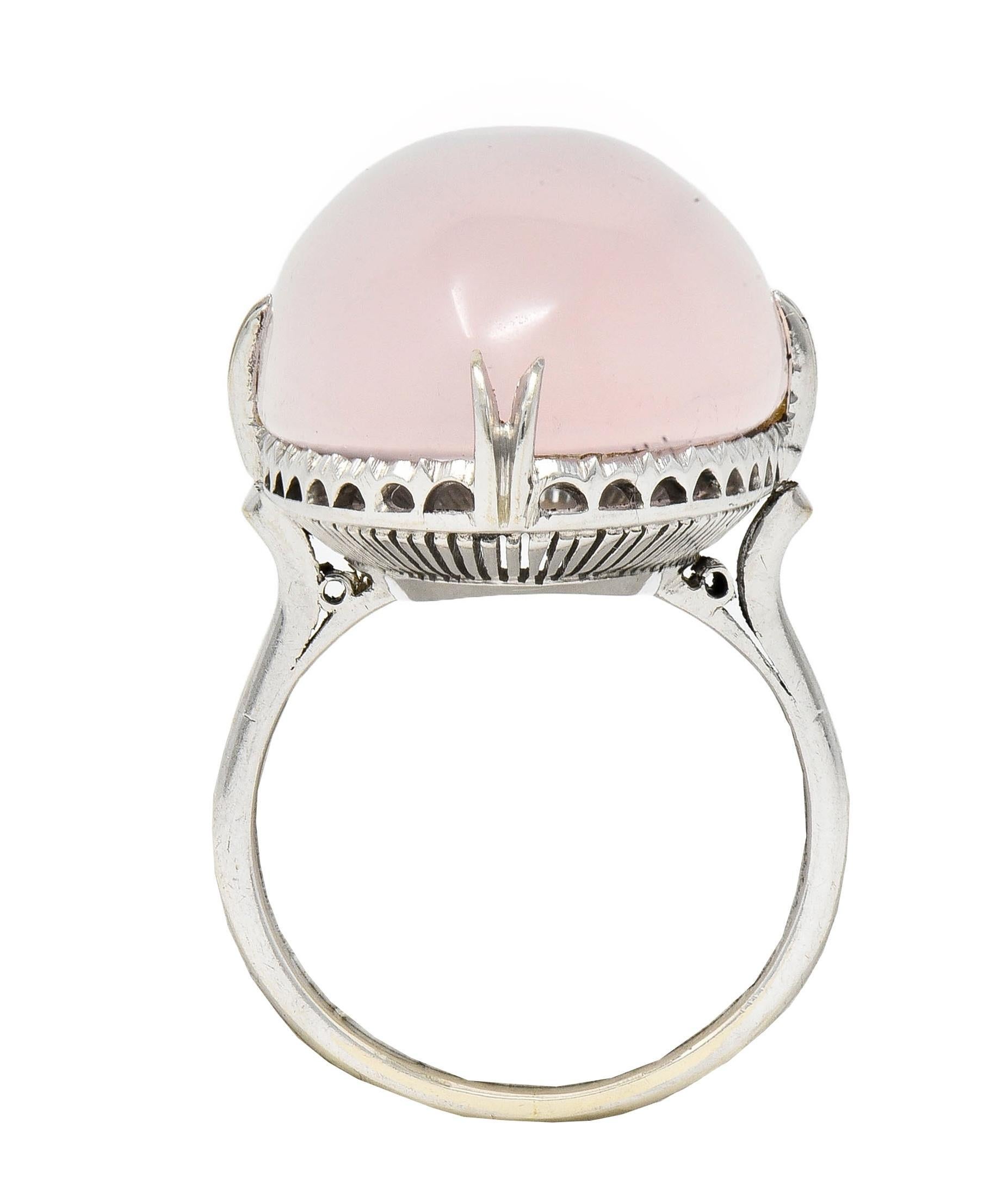 Mid-Century Rose Quartz Cabochon 14 Karat White Gold Vintage Cocktail Ring In Excellent Condition For Sale In Philadelphia, PA