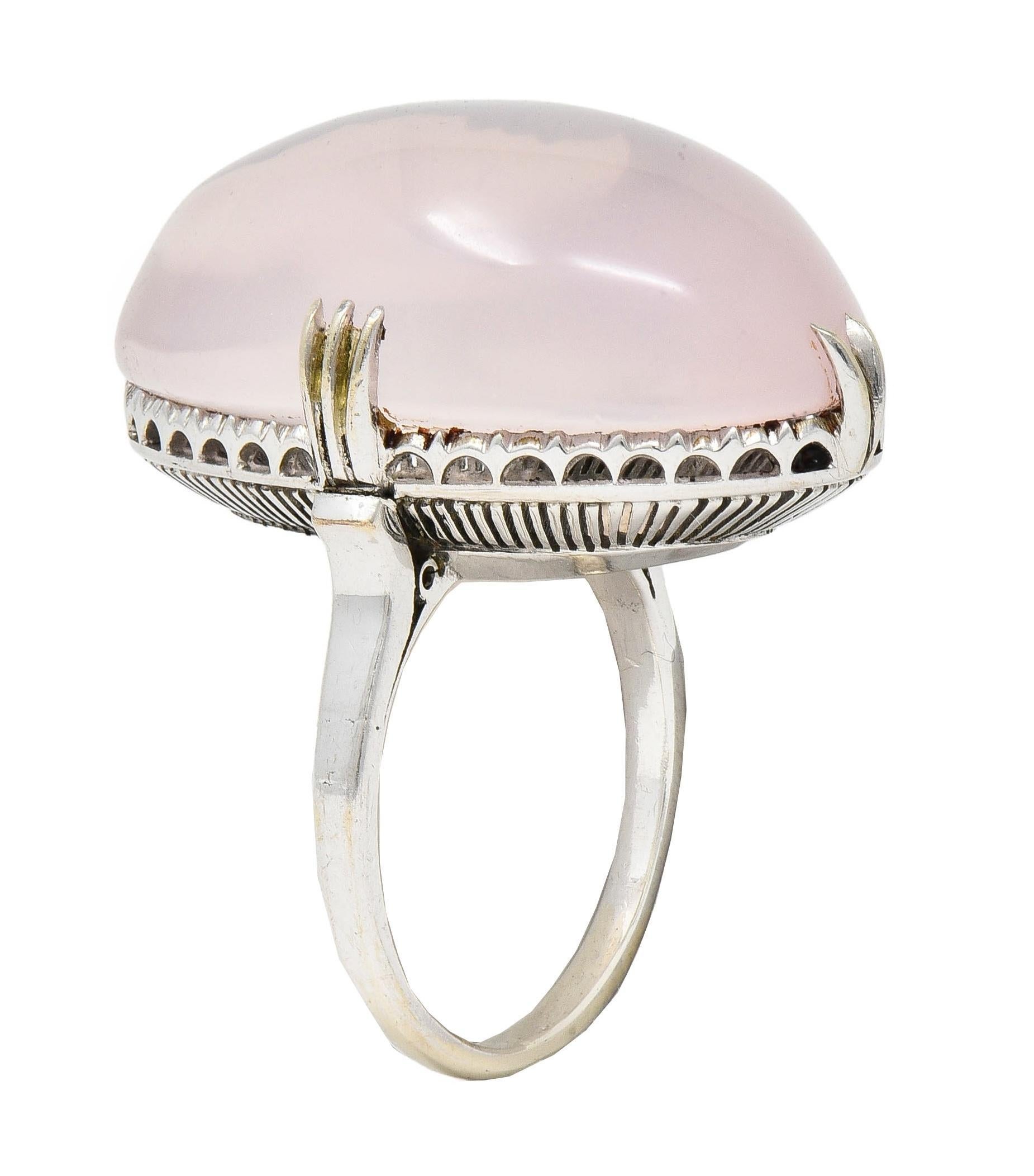 Women's or Men's Mid-Century Rose Quartz Cabochon 14 Karat White Gold Vintage Cocktail Ring For Sale