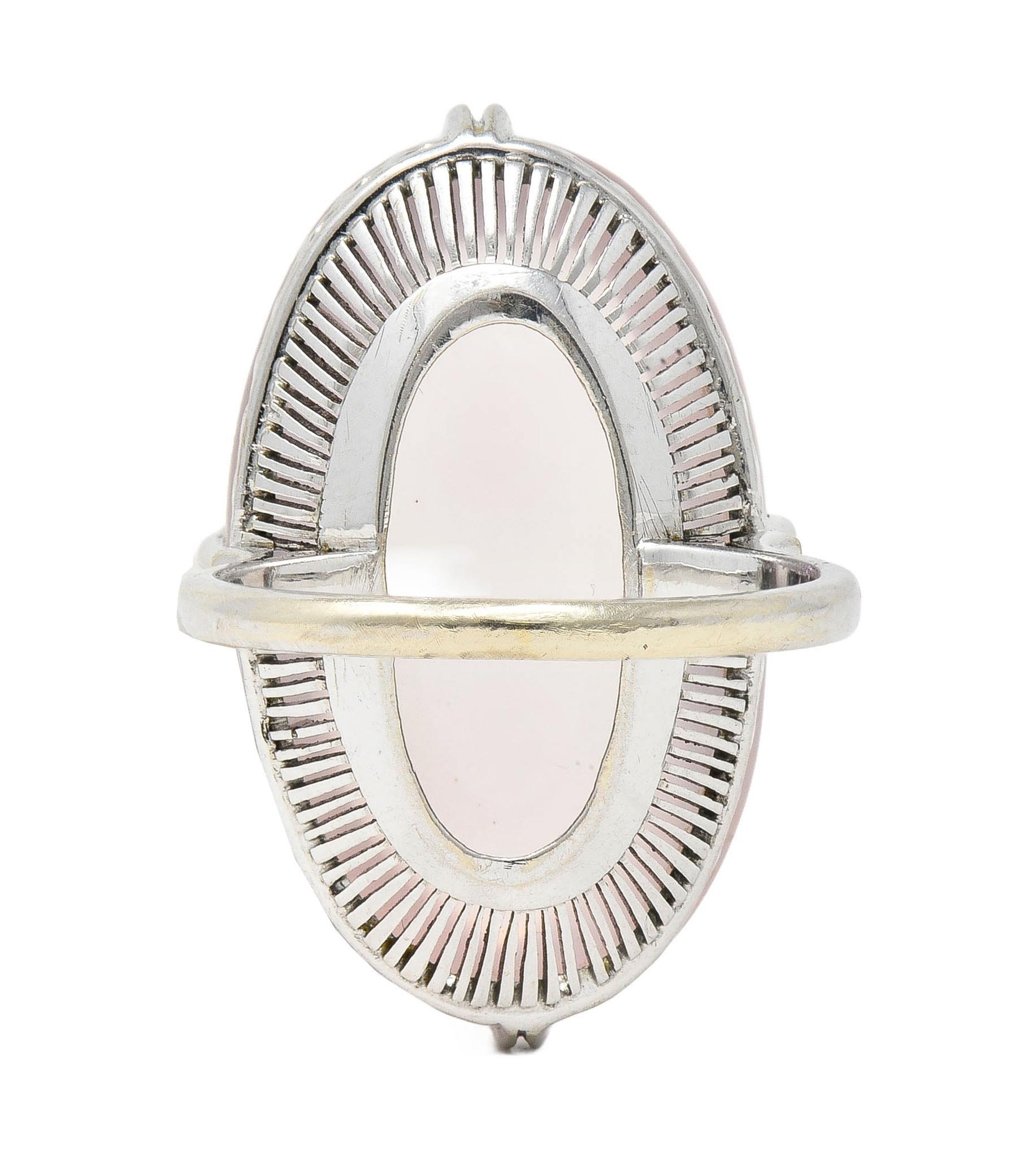 Mid-Century Rose Quartz Cabochon 14 Karat White Gold Vintage Cocktail Ring For Sale 1