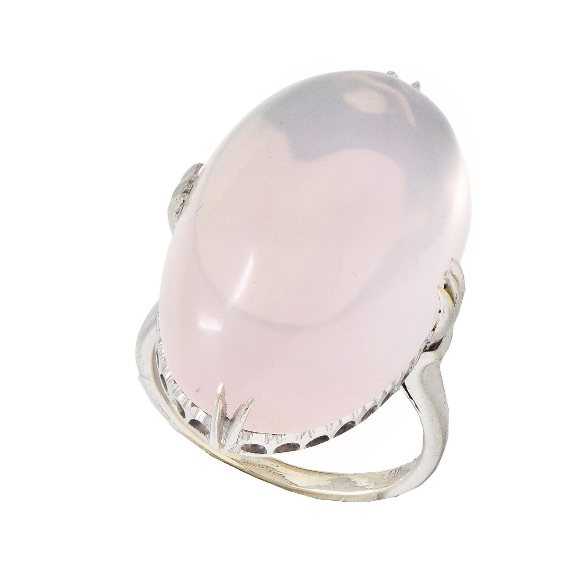 Mid-Century Rose Quartz Cabochon 14 Karat White Gold Vintage Cocktail Ring For Sale 3