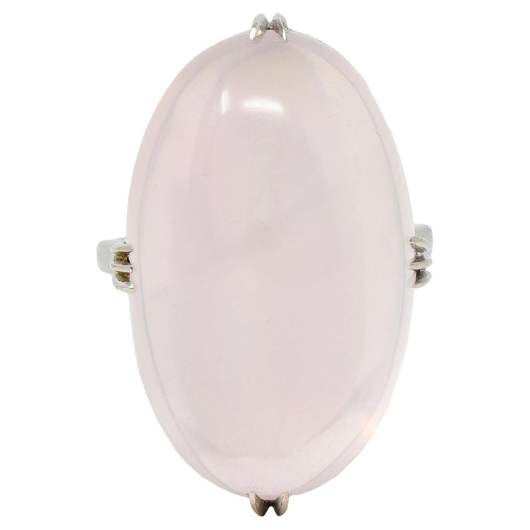 Mid-Century Rose Quartz Cabochon 14 Karat White Gold Vintage Cocktail Ring