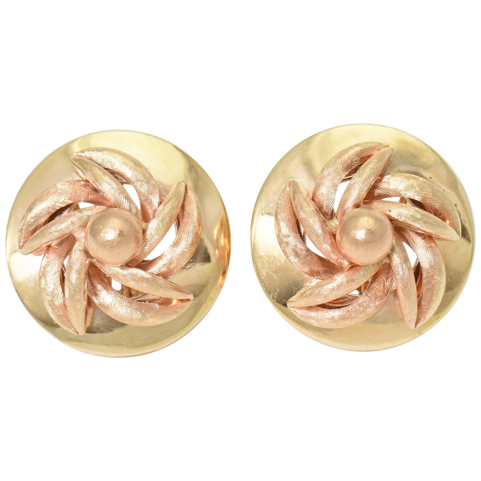 Retro Mid 20th Century Flower Rose and Yellow Gold Earrings