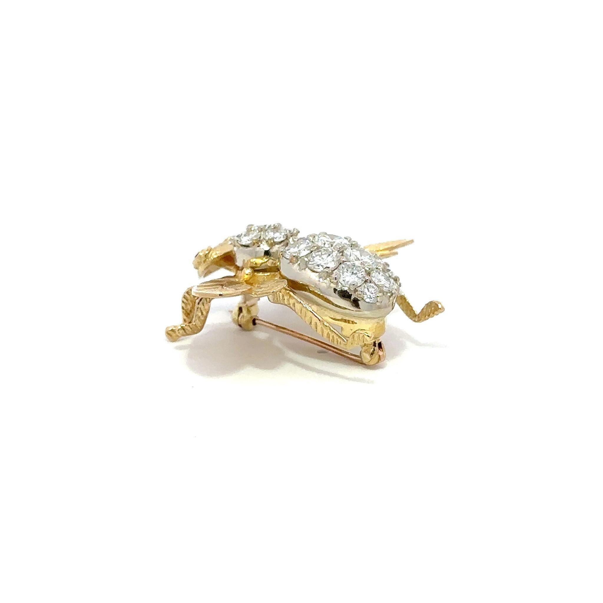 Round Cut Mid-Century Rosenthal 18K Gold Diamond Bee Brooch For Sale