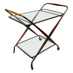 Mid-Century Rosewood and Brass Bar Cart in the Style of Cesare Lacca, 1950s, Ita