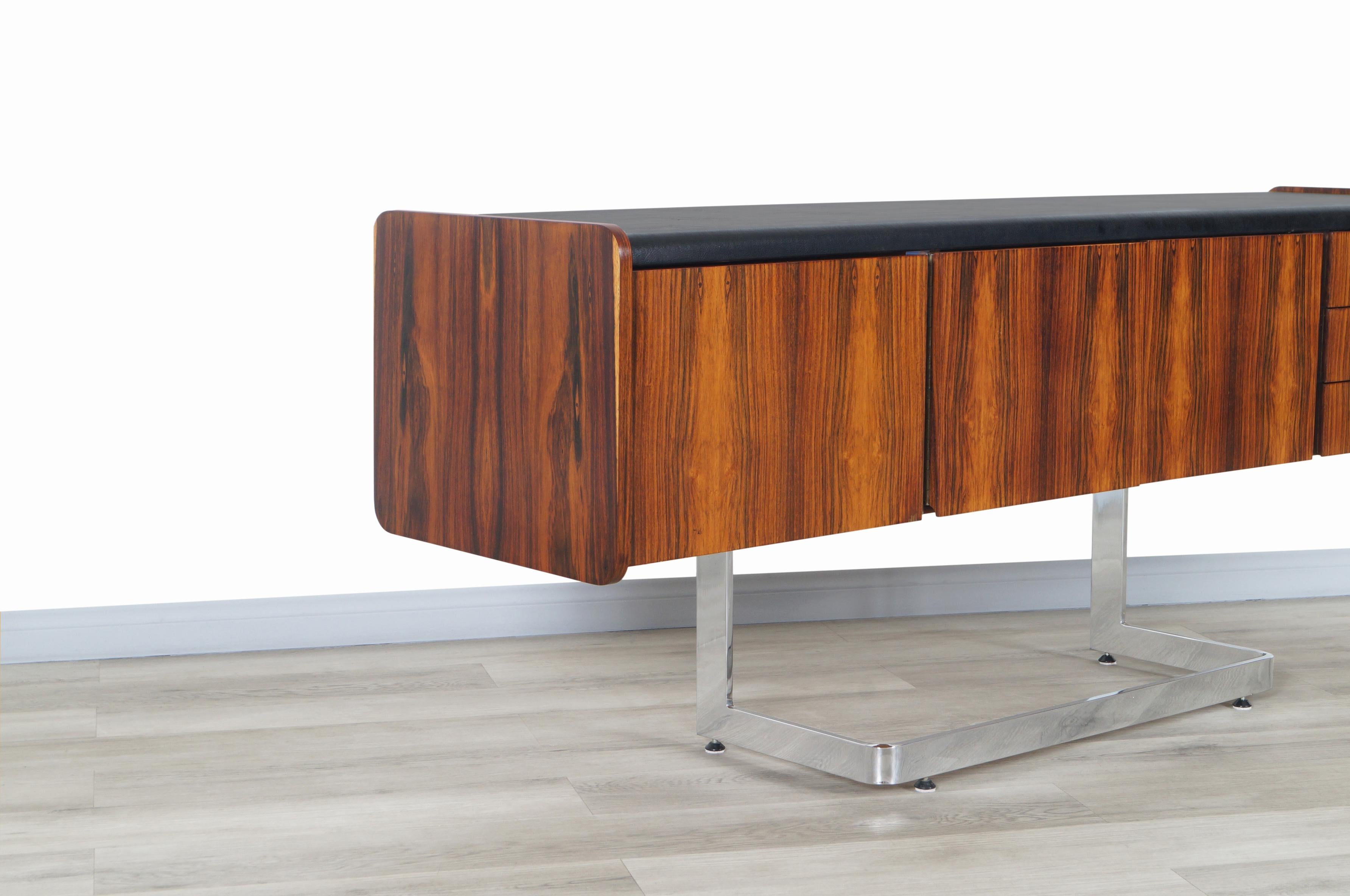Faux Leather Midcentury Rosewood and Chrome Credenza by Ste. Marie & Laurent