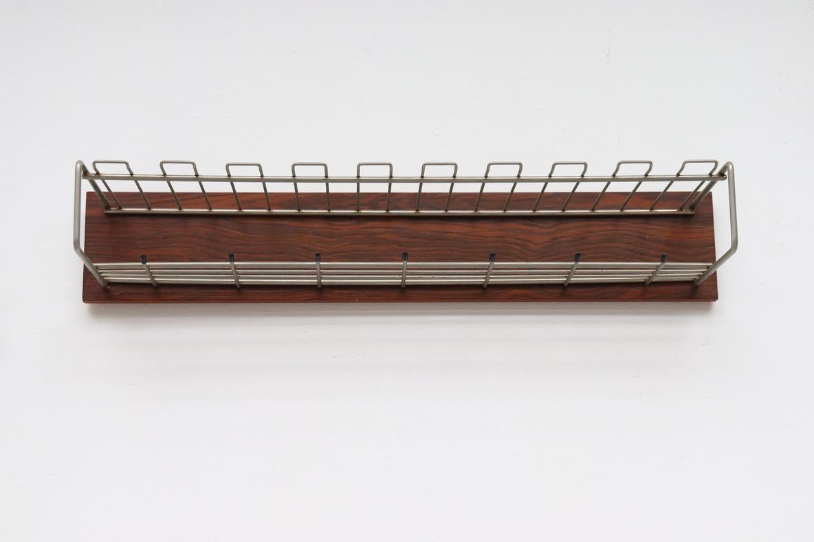 Mid-Century Modern Mid-Century Rosewood and Metal Wall Mounted Coat Rack For Sale