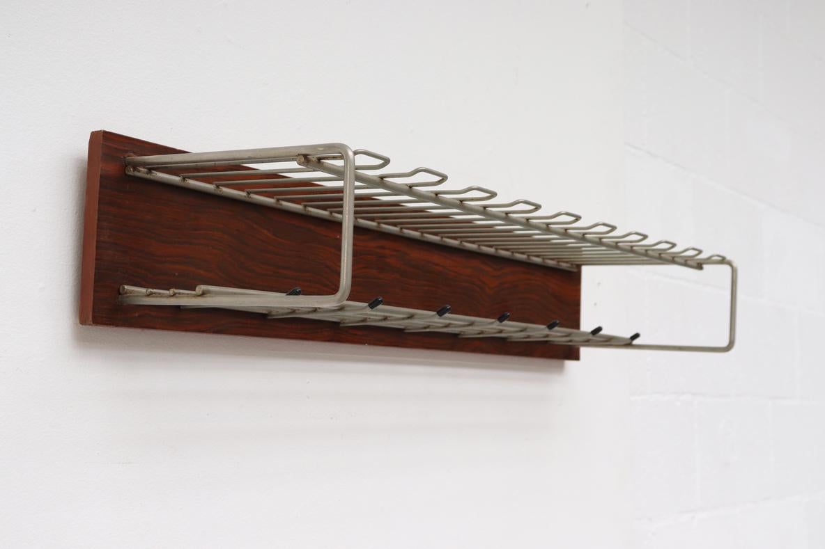 Dutch Mid-Century Rosewood and Metal Wall Mounted Coat Rack For Sale