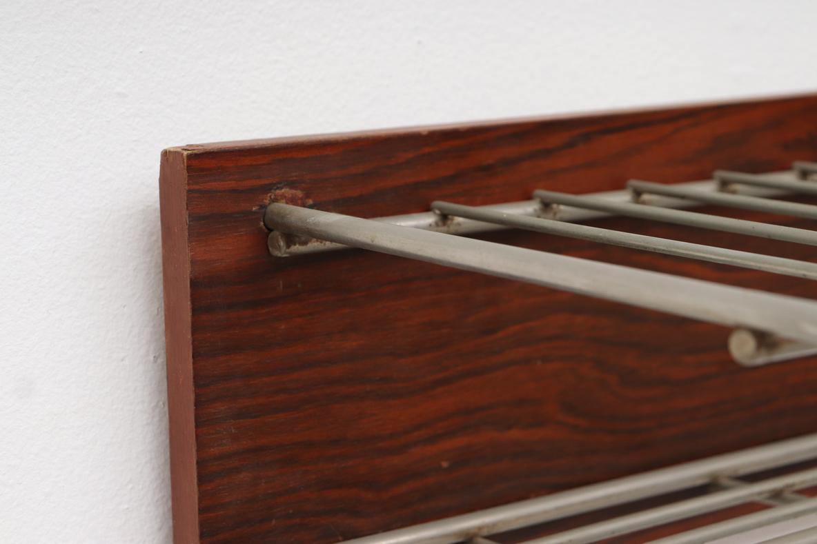 Veneer Mid-Century Rosewood and Metal Wall Mounted Coat Rack For Sale