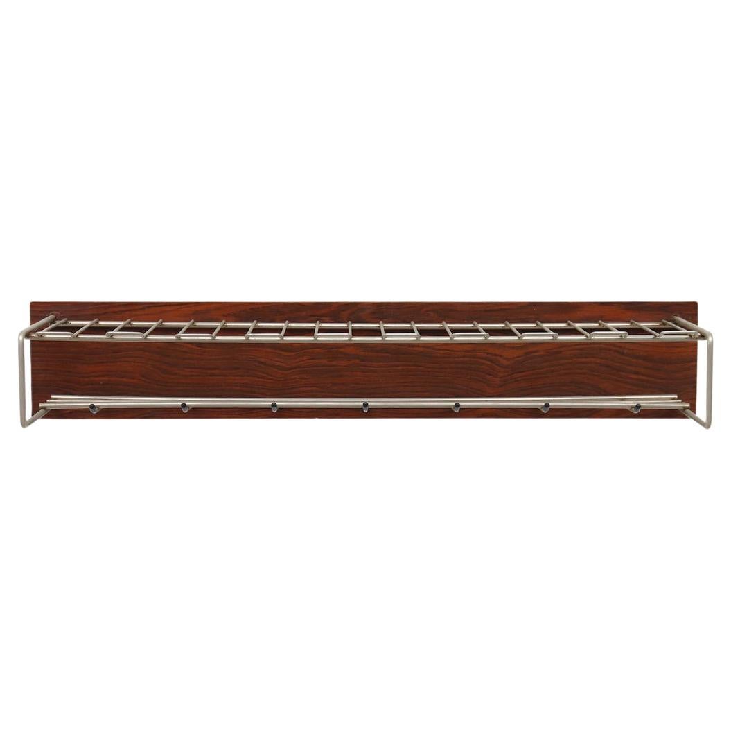 Mid-Century Rosewood and Metal Wall Mounted Coat Rack