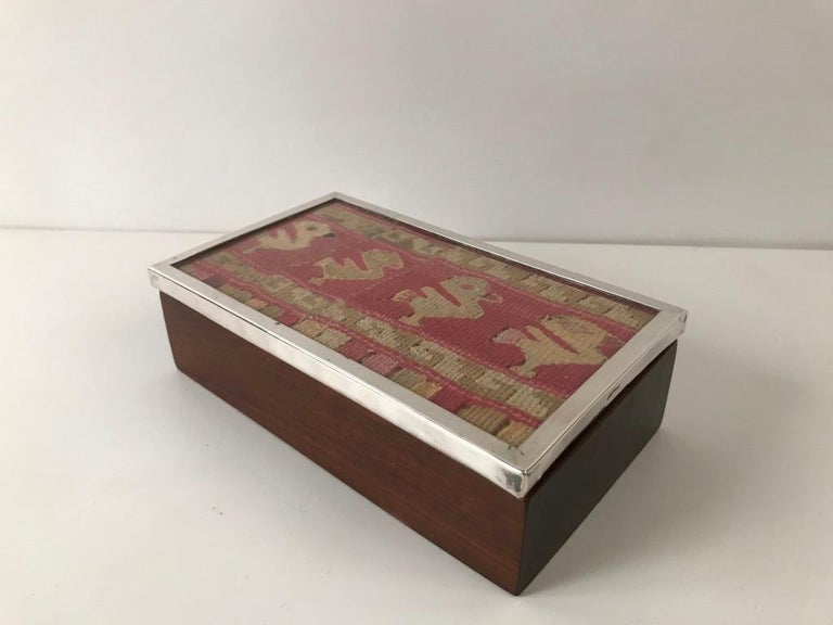 Midcentury Rosewood and Silver Box with Ancient Peruvian Textile For Sale 4