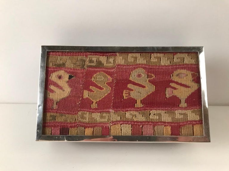 Midcentury Rosewood and Silver Box with Ancient Peruvian Textile In Good Condition For Sale In Stamford, CT