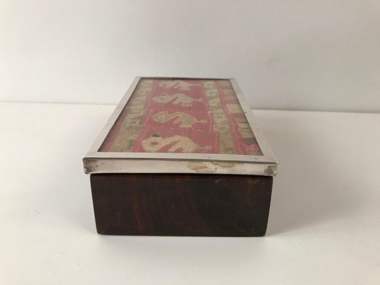 20th Century Midcentury Rosewood and Silver Box with Ancient Peruvian Textile For Sale