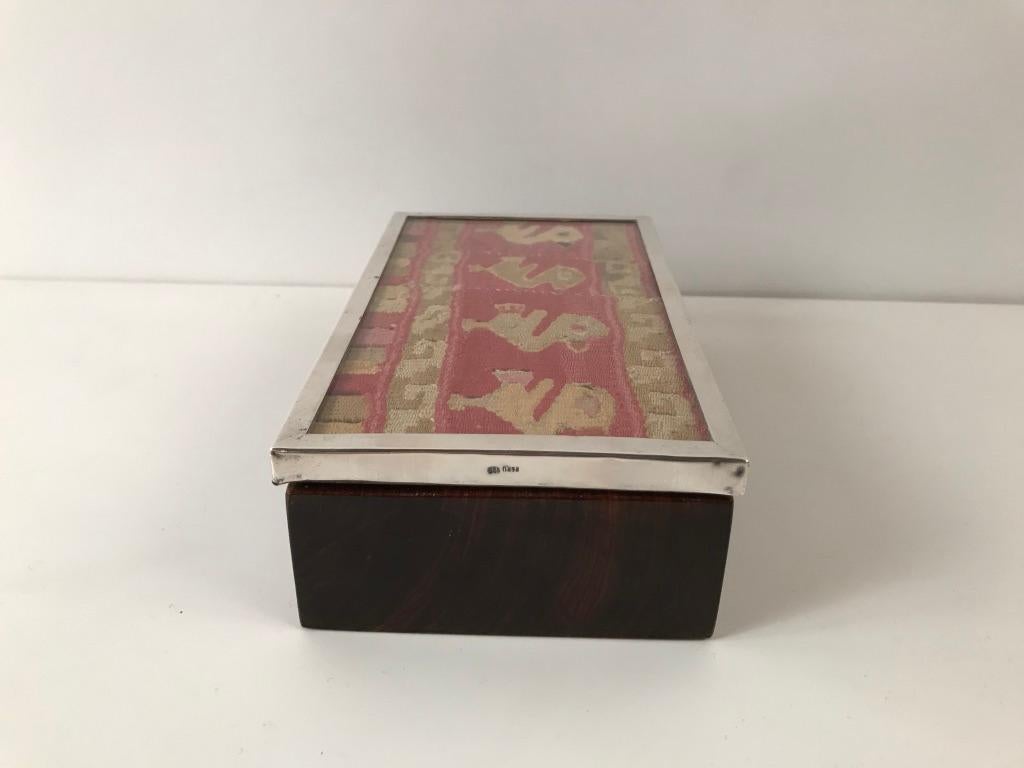 Rosewood and Silver Box with Ancient Peruvian Chancay Textile In Good Condition In Stamford, CT
