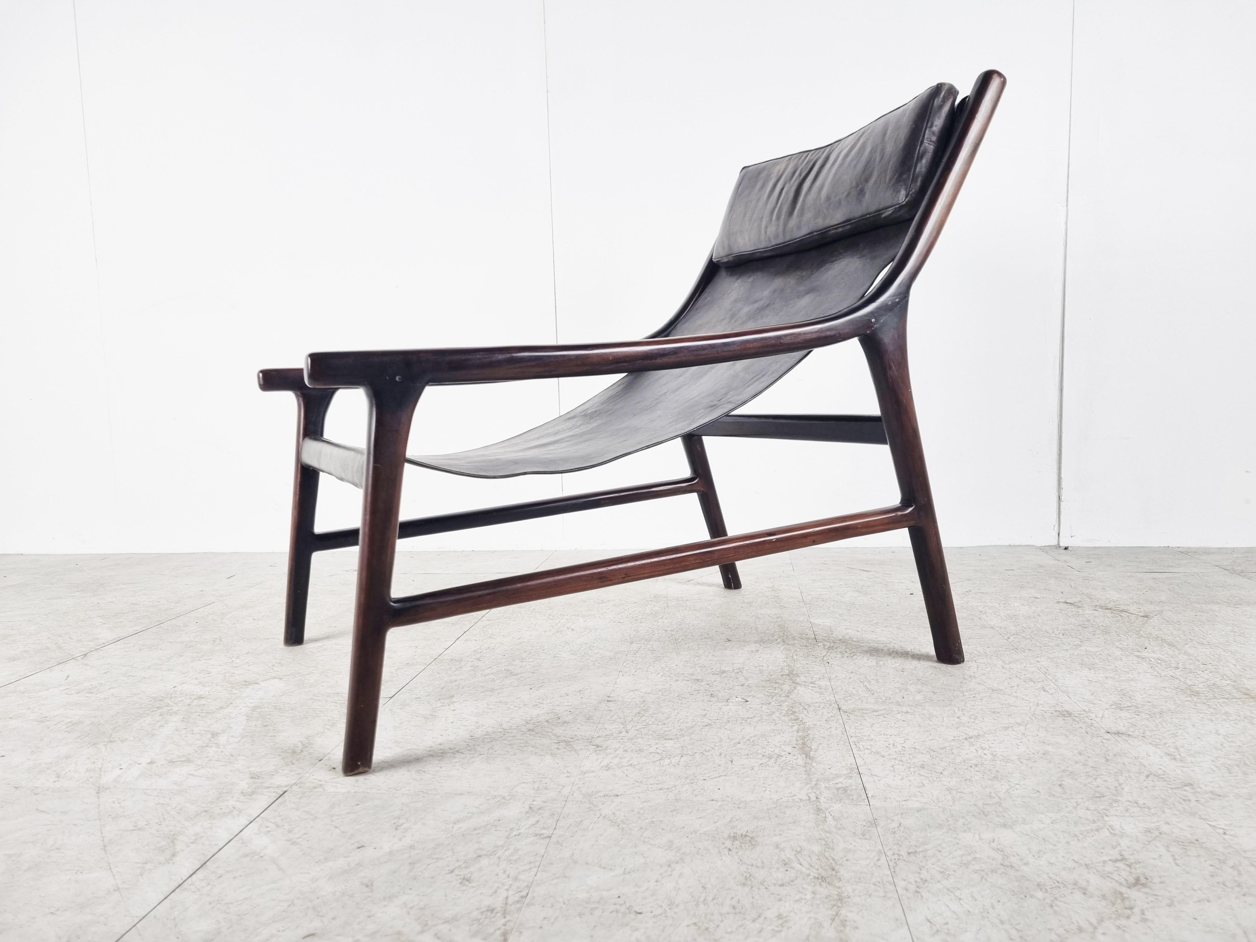 Mid Century Rosewood and Sling Leather Lounge Chair, 1960s 4
