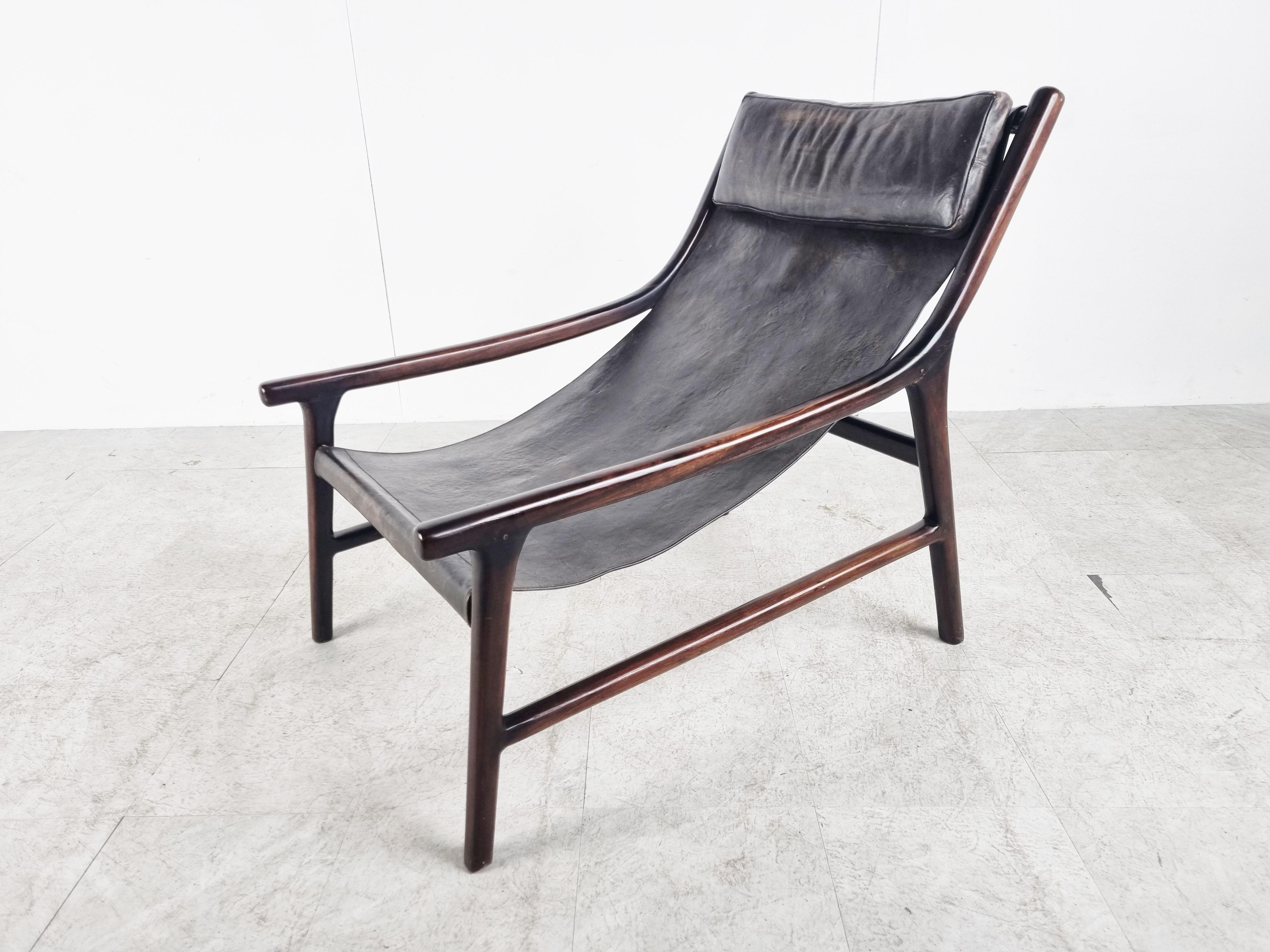 Mid-Century Modern Mid Century Rosewood and Sling Leather Lounge Chair, 1960s