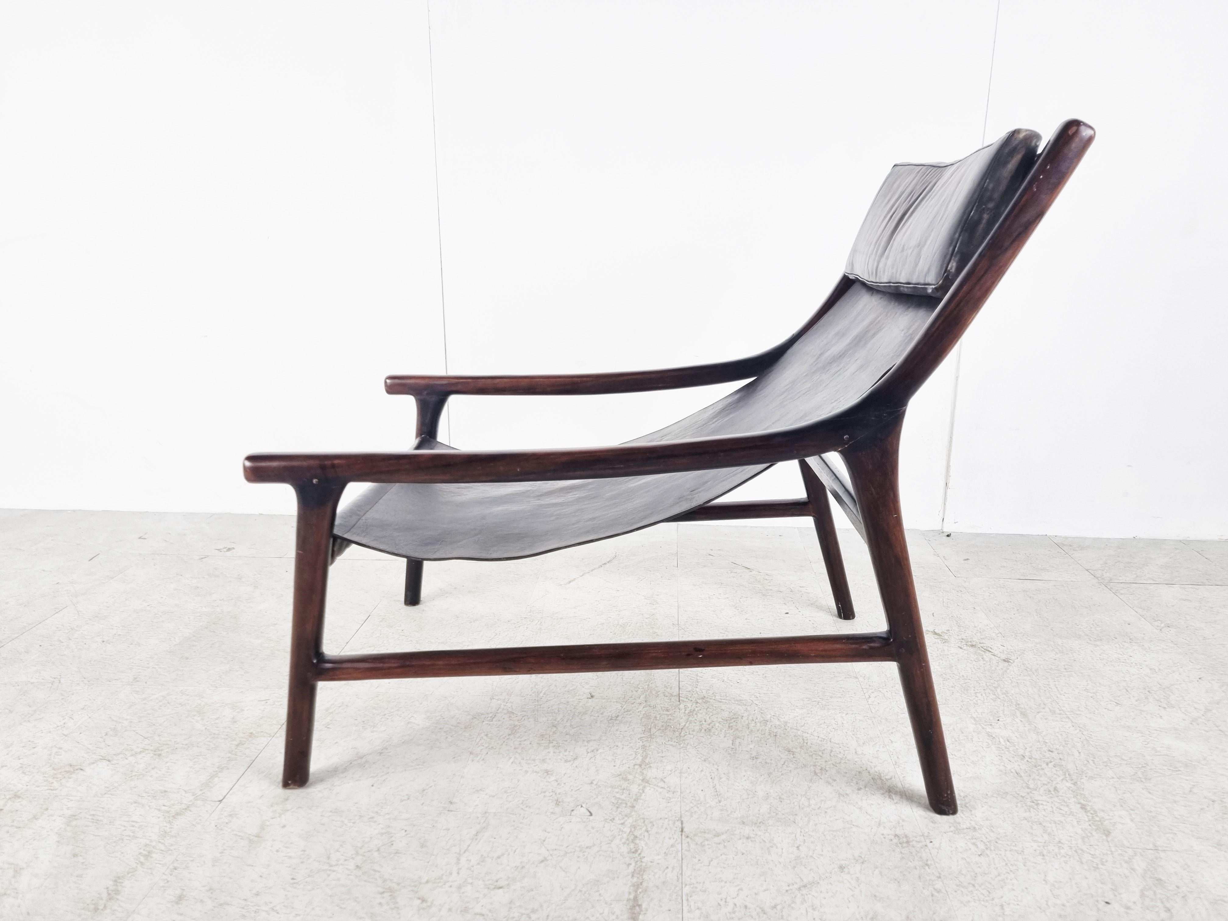 Danish Mid Century Rosewood and Sling Leather Lounge Chair, 1960s