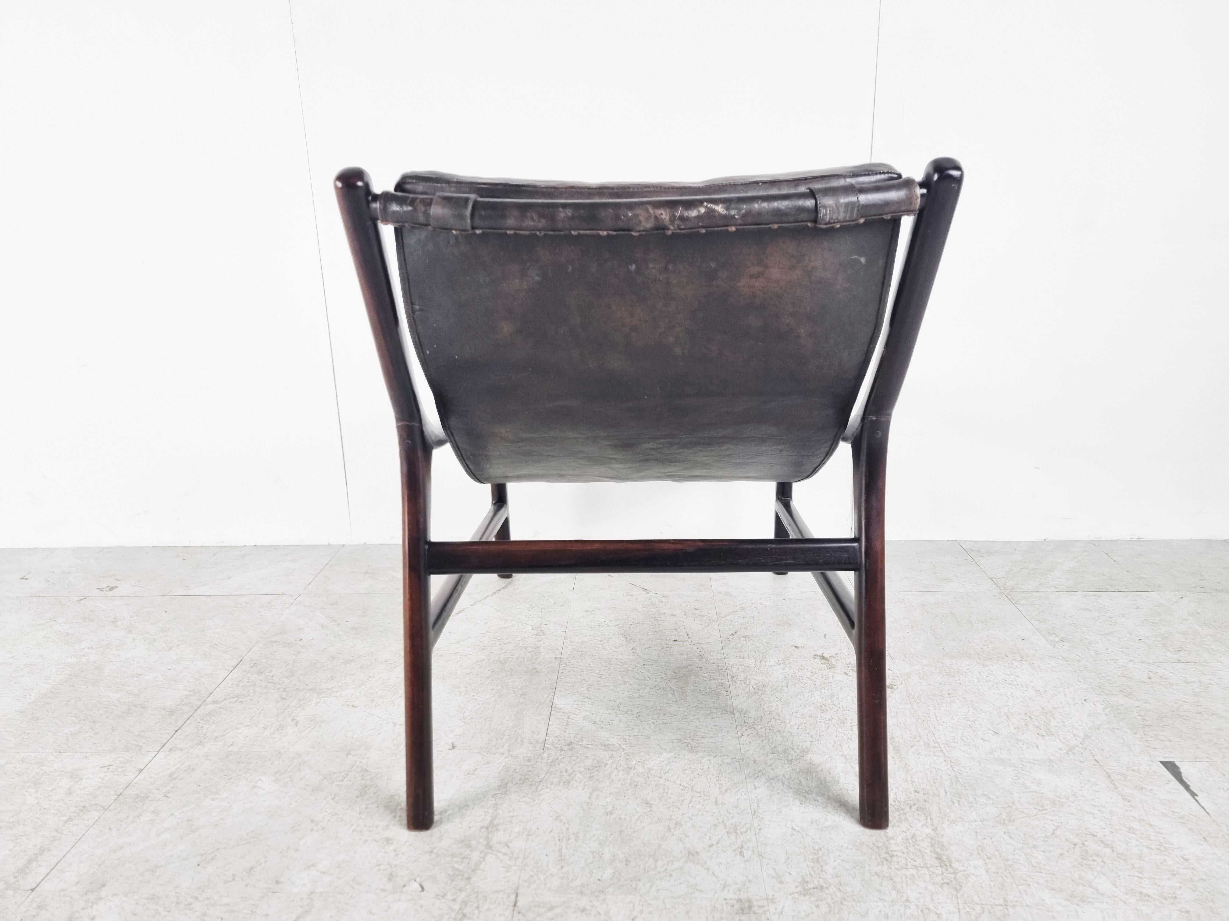 Mid Century Rosewood and Sling Leather Lounge Chair, 1960s In Good Condition In HEVERLEE, BE