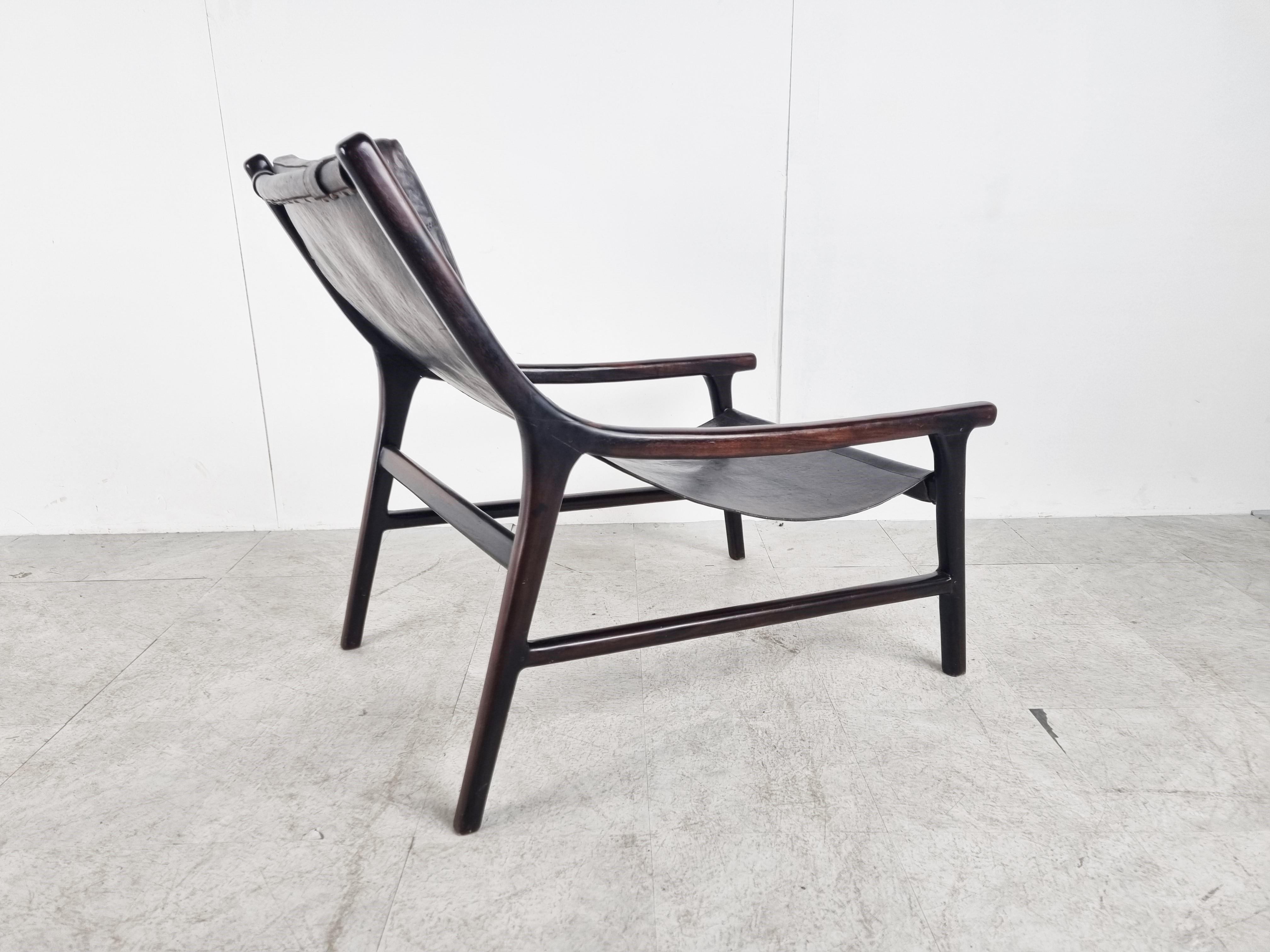 Mid-20th Century Mid Century Rosewood and Sling Leather Lounge Chair, 1960s