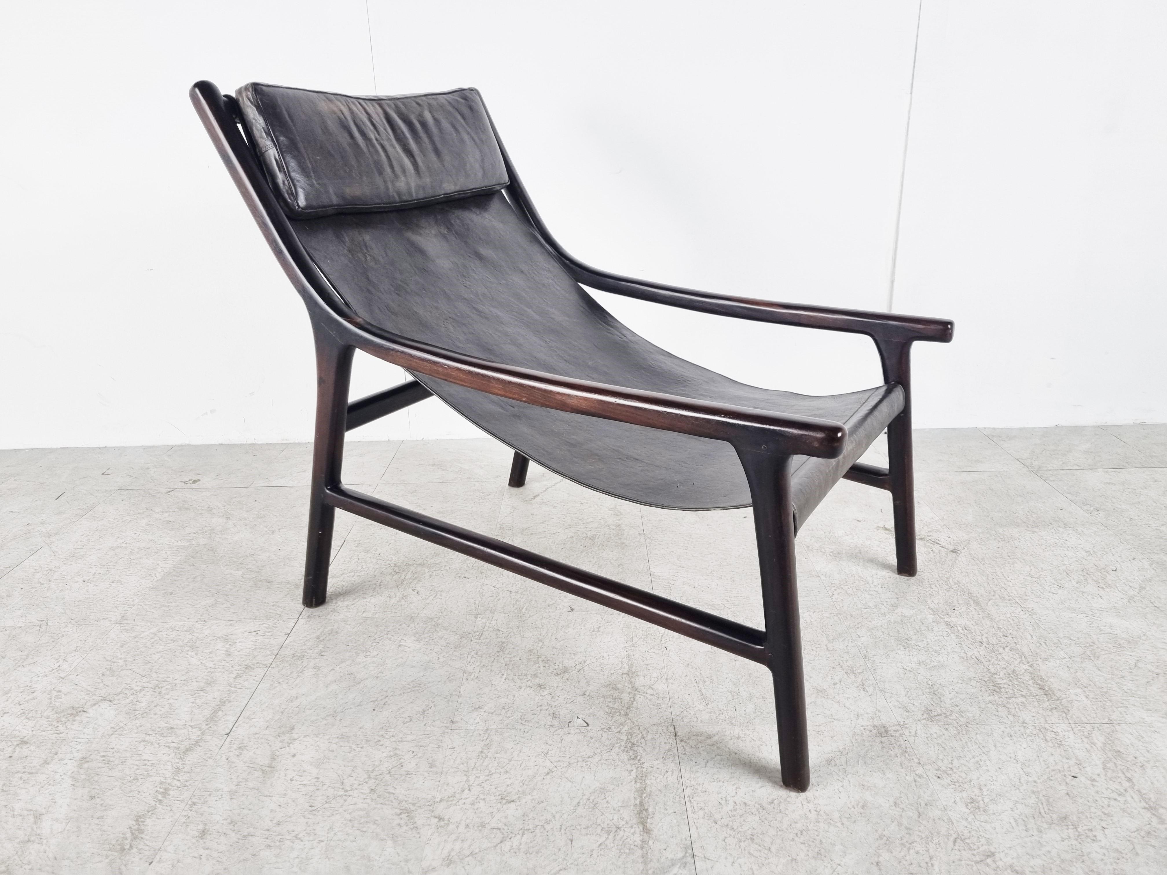 Mid Century Rosewood and Sling Leather Lounge Chair, 1960s 1
