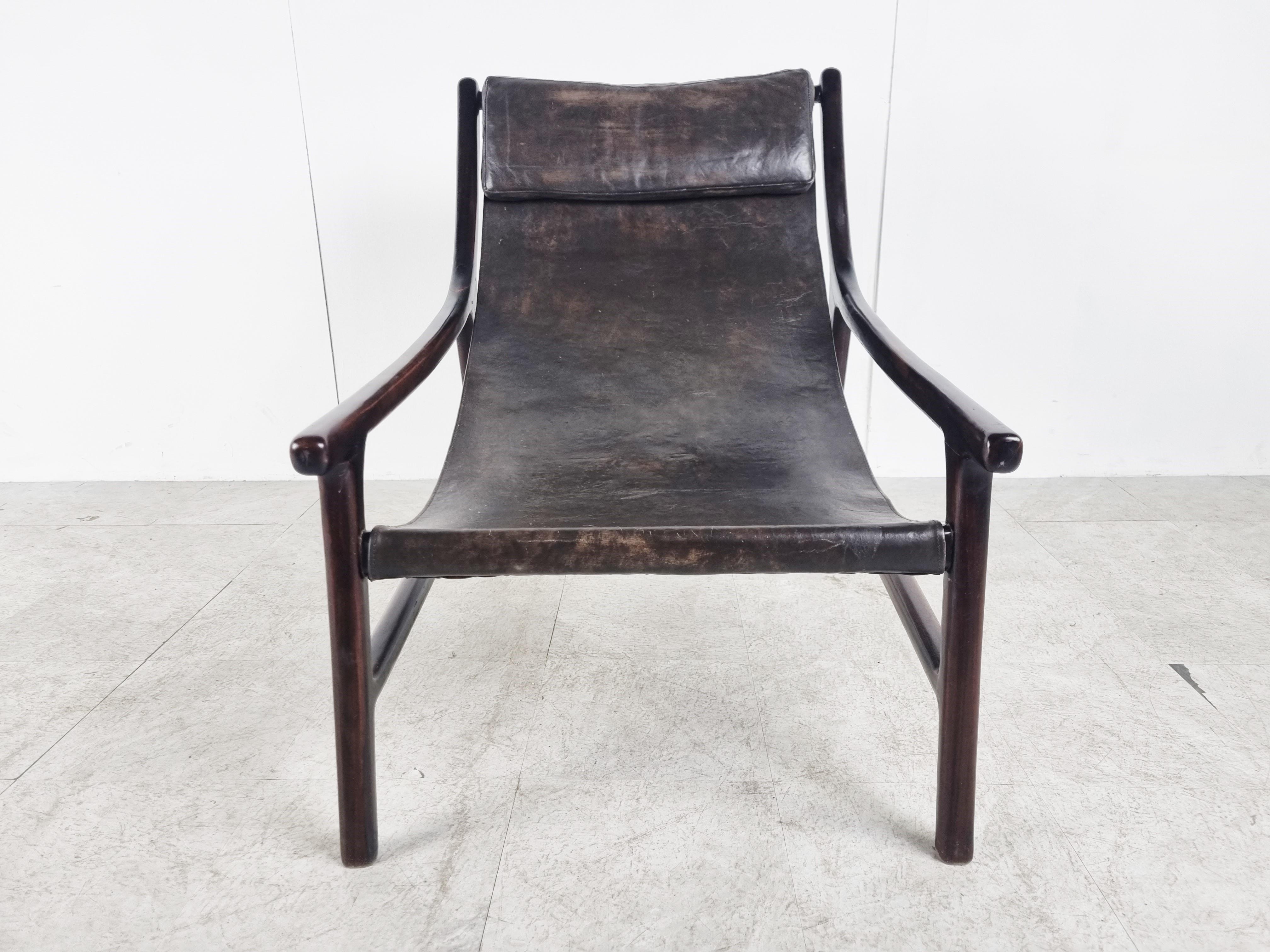 Mid Century Rosewood and Sling Leather Lounge Chair, 1960s 2