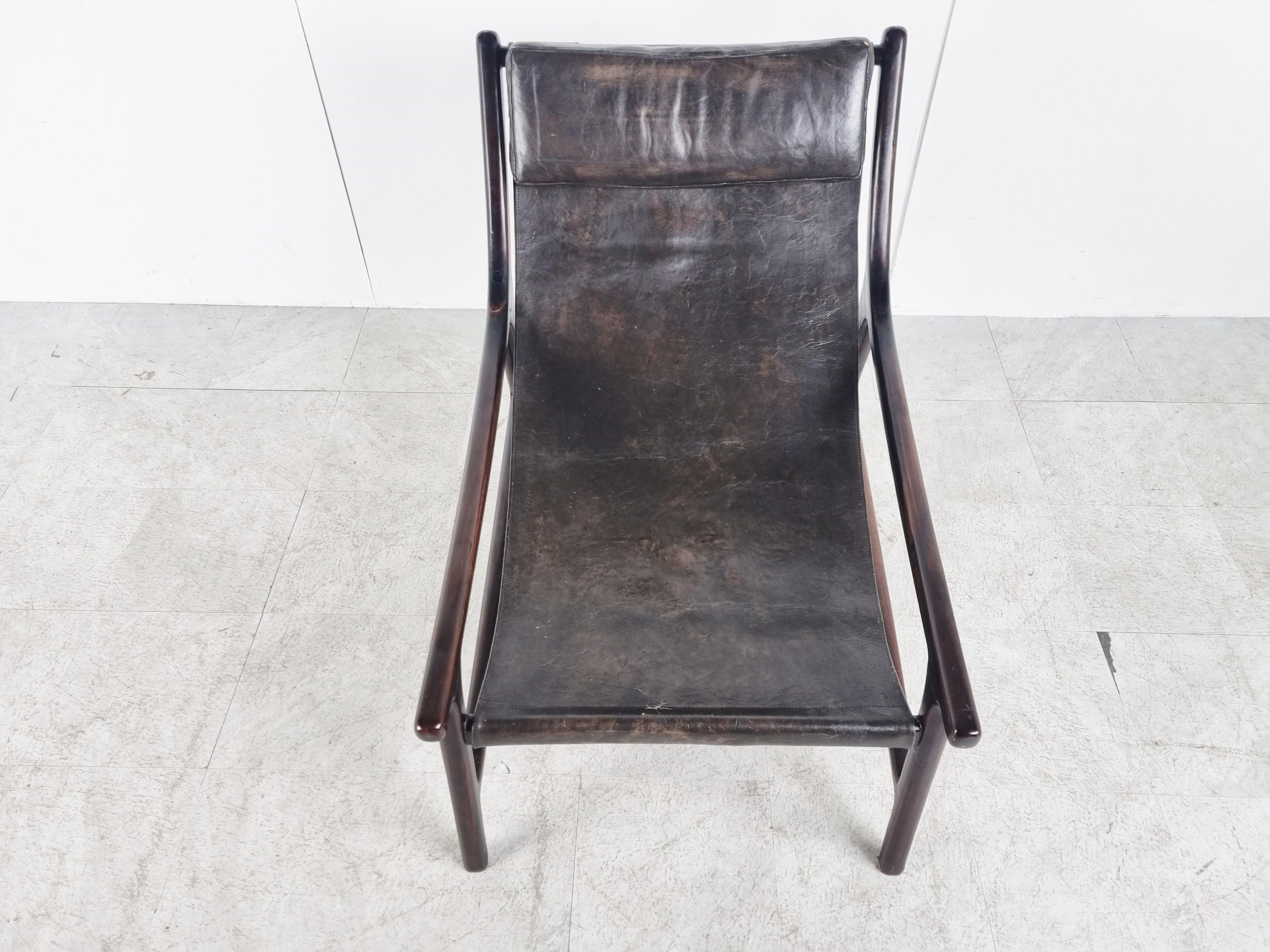 Mid Century Rosewood and Sling Leather Lounge Chair, 1960s 3