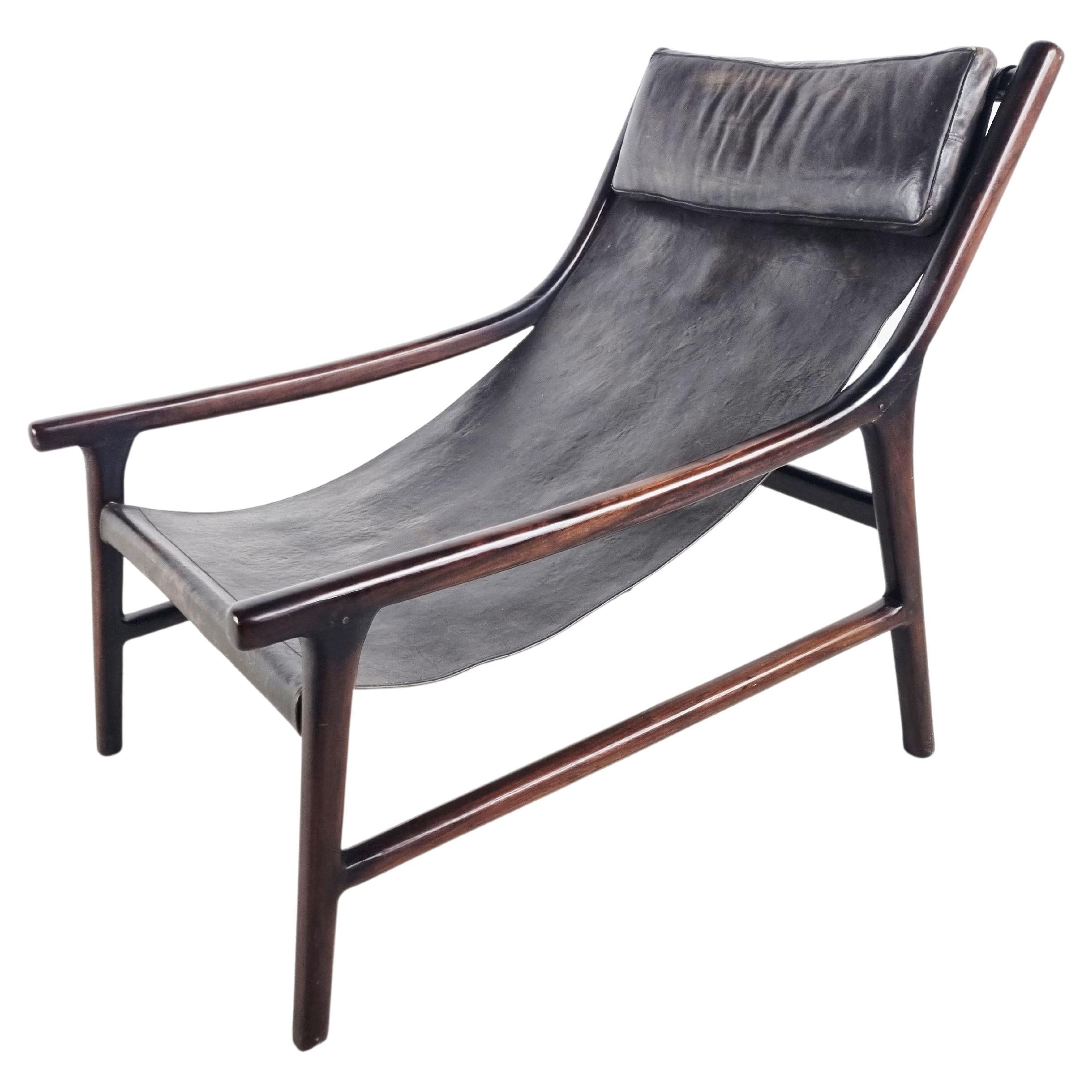 Mid Century Rosewood and Sling Leather Lounge Chair, 1960s