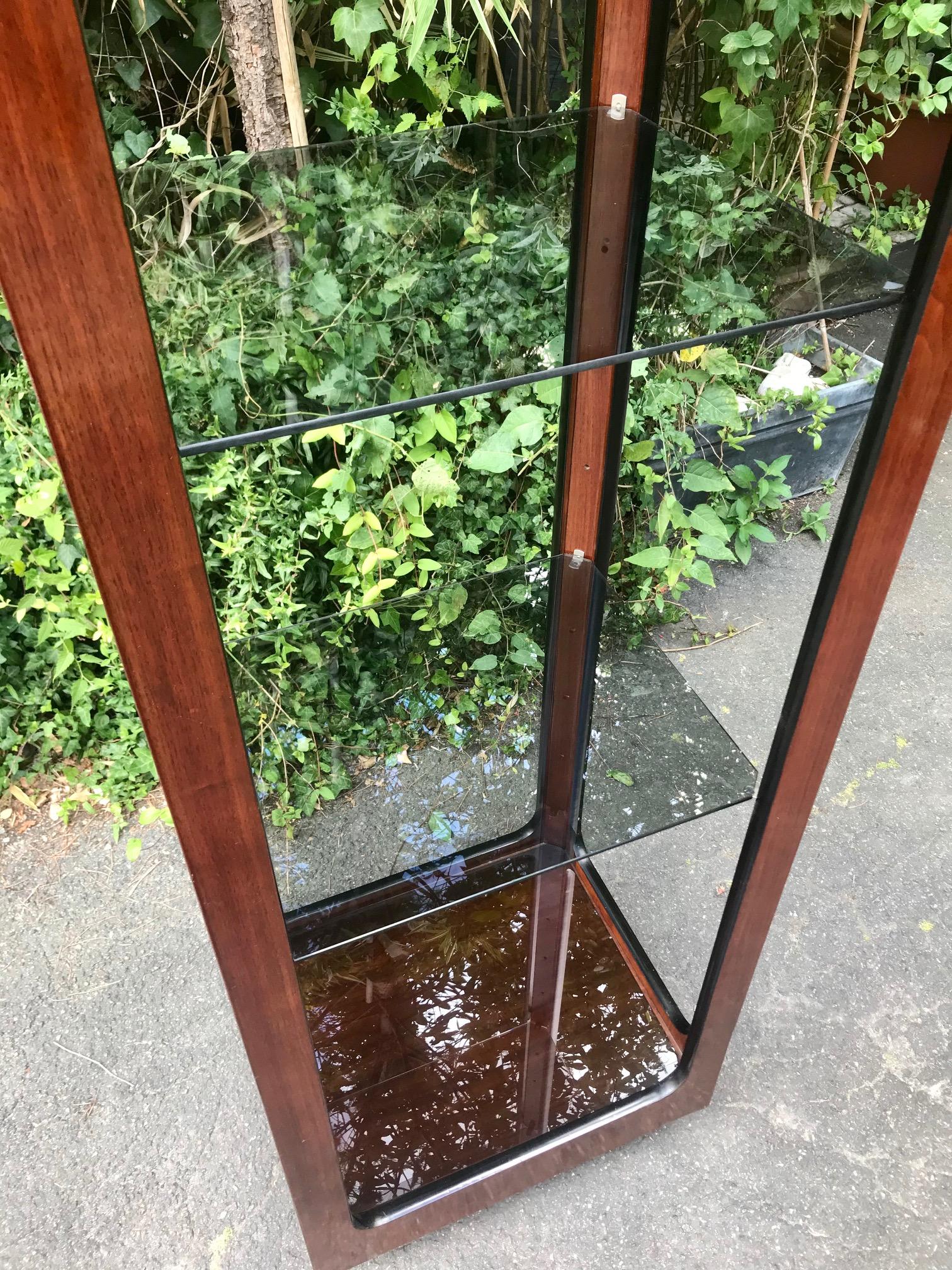 Smoked Glass Modern midcentury rosewood and smocked glass shelf by John Keal, 1960 For Sale