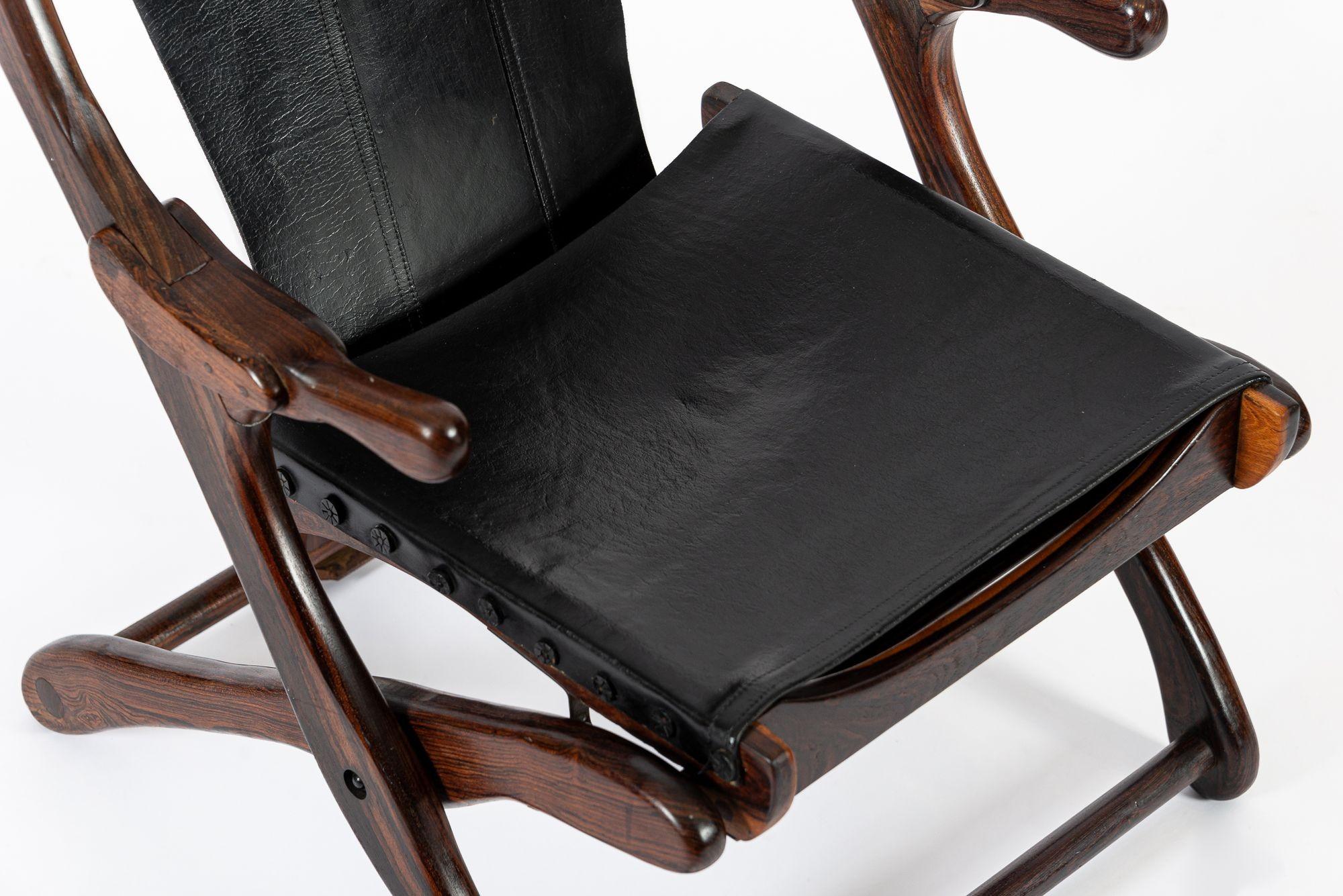 Mid Century Rosewood & Black Leather Folding Lounge Chair by Don Shoemaker For Sale 8
