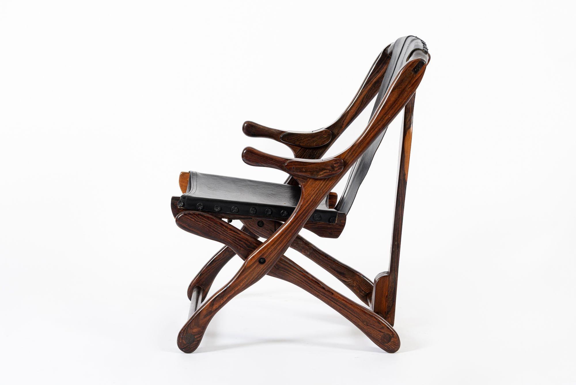 Mexican Mid Century Rosewood & Black Leather Folding Lounge Chair by Don Shoemaker For Sale