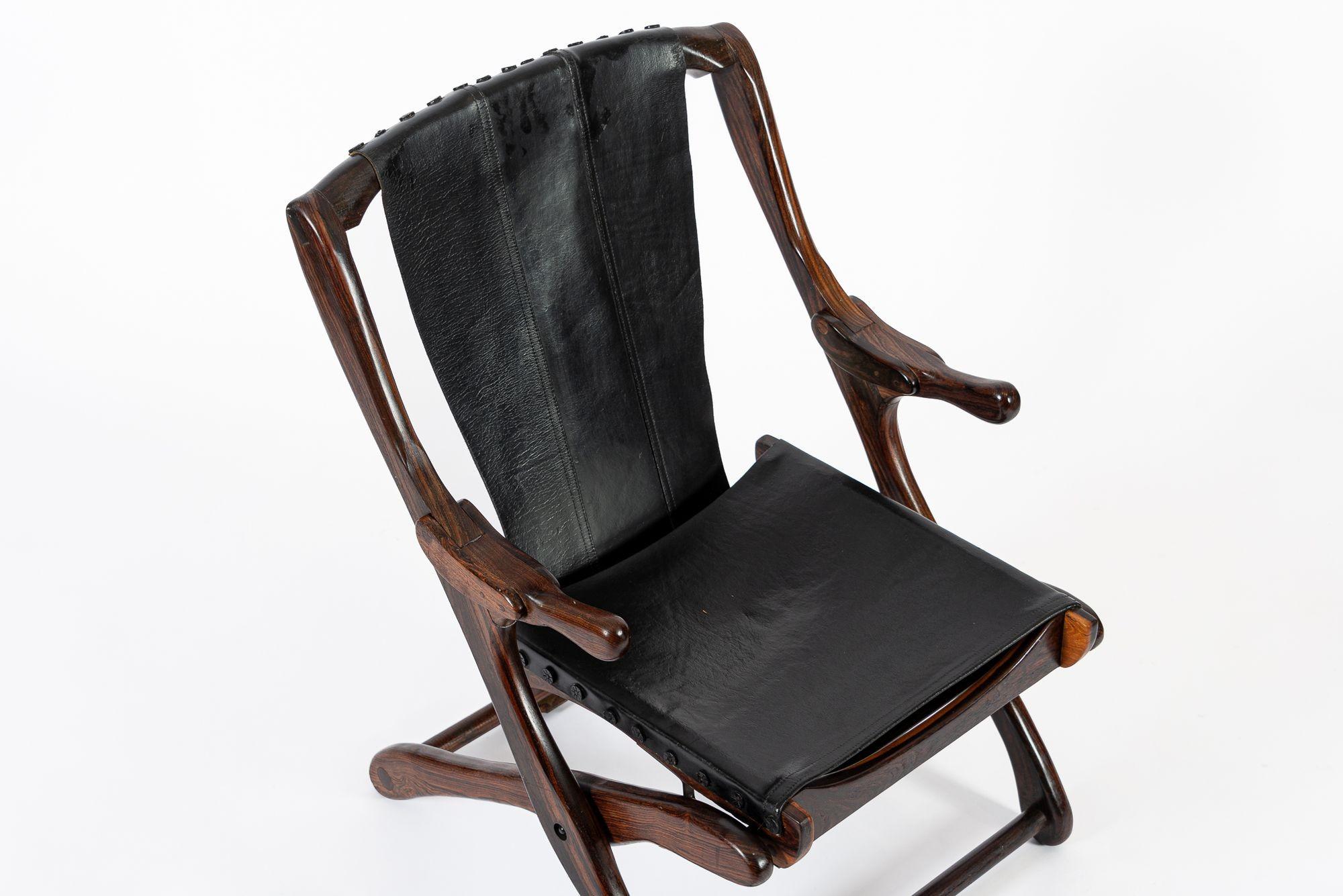 Mid Century Rosewood & Black Leather Folding Lounge Chair by Don Shoemaker For Sale 2